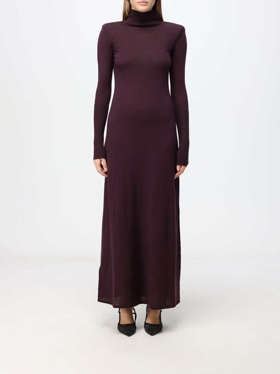 PINKO VESTIDO: Vestido midi Pinko de punto de lana con cuello alto y corte slim, Violeta - Img 1