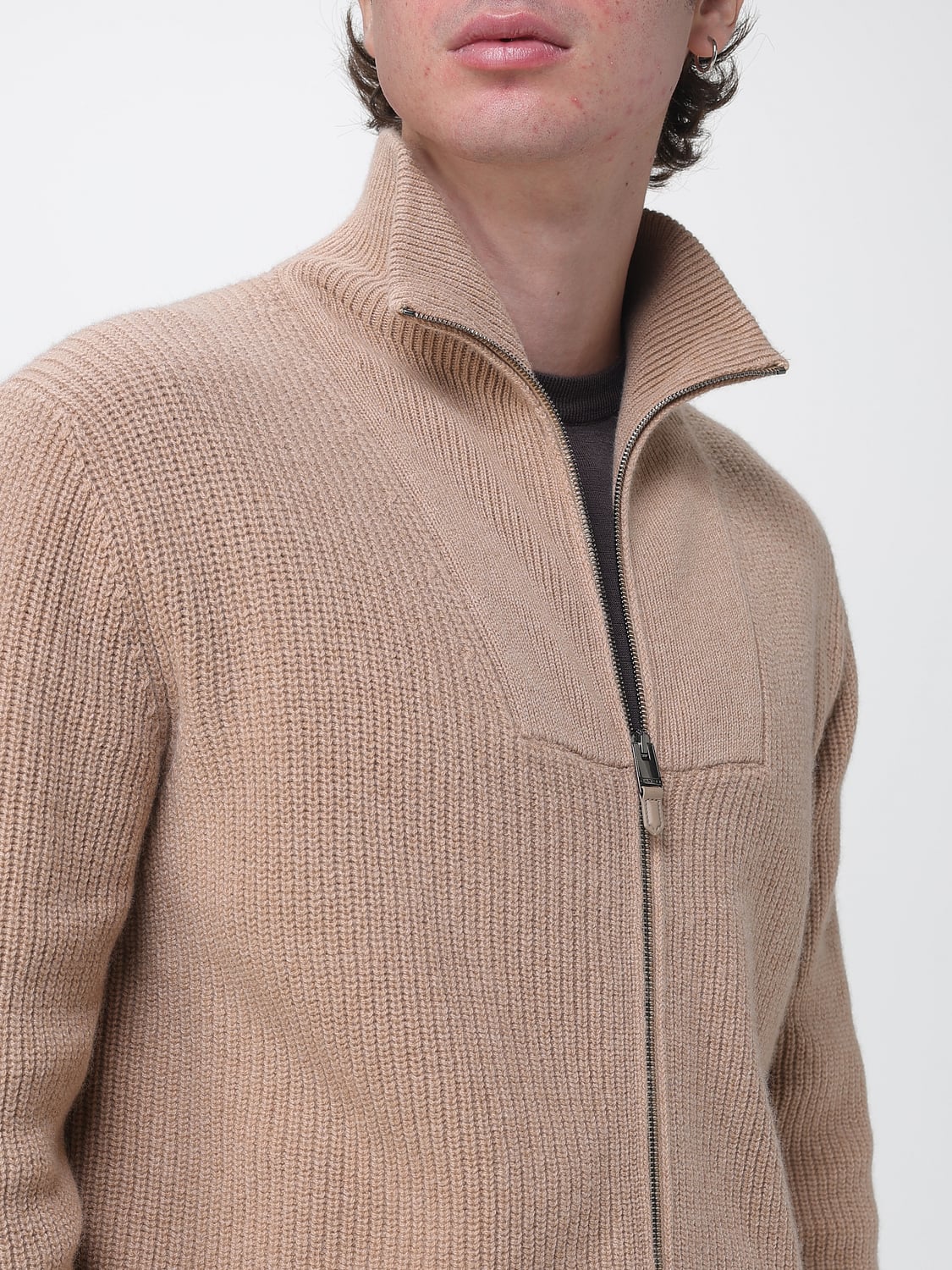 CANALI PULL: Cardigan zippé à col roulé Canali en laine et cachemire, Beige - Img 4