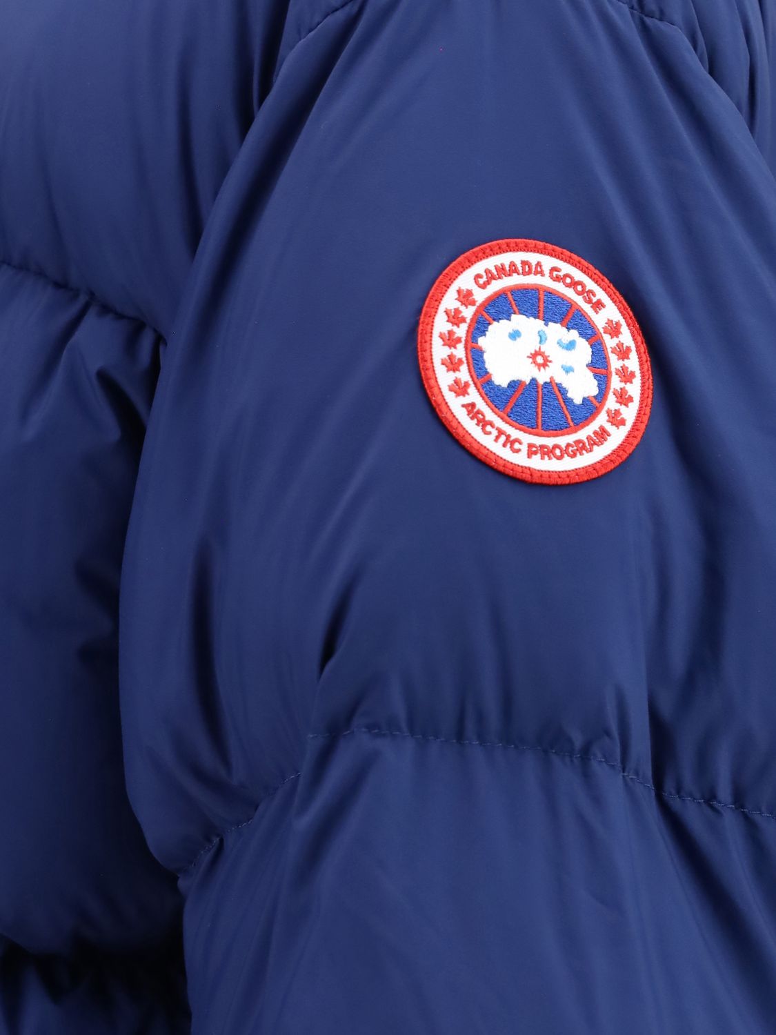 CANADA GOOSE CHAQUETA: Chaqueta de plumas acolchada con capucha Canada Goose de nailon con parche del logo, Azul Marino - Img 4