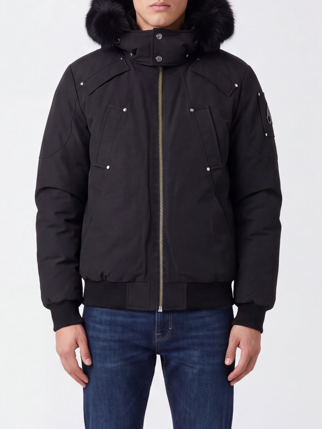 MOOSE KNUCKLES JACKET: Moose Knuckles Padded Cotton-Blend Bomber Jacket with Hood, Black 1 - Img 1