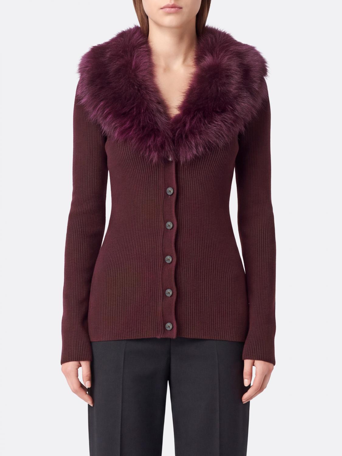 BLUMARINE PULL: Cardigan slim fit Blumarine en laine vierge avec col en fourrure contrastant, Bordeaux - Img 1