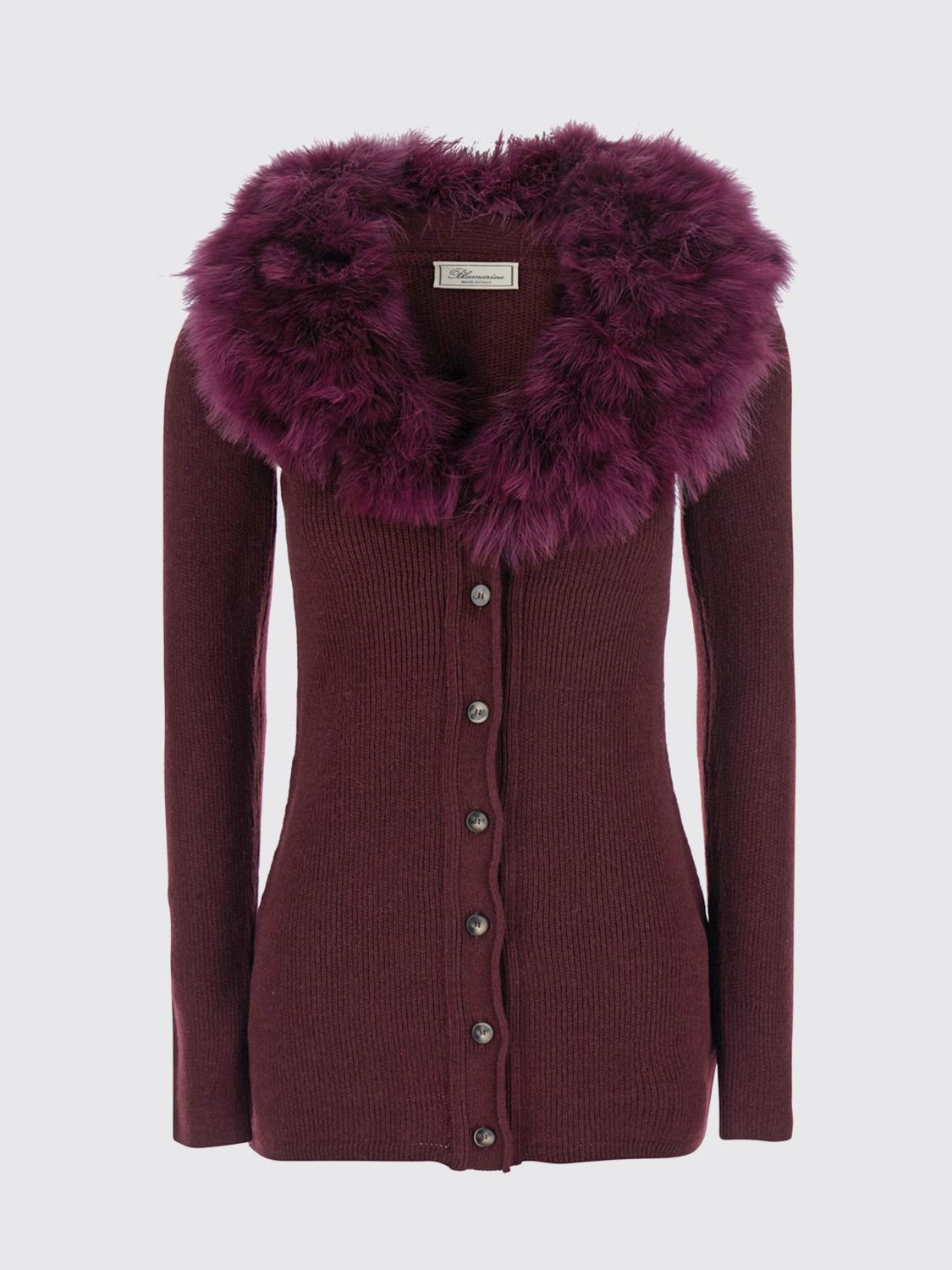 BLUMARINE PULL: Cardigan slim fit Blumarine en laine vierge avec col en fourrure contrastant, Bordeaux - Img 2