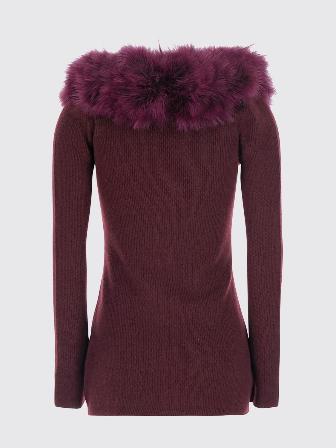 BLUMARINE PULL: Cardigan slim fit Blumarine en laine vierge avec col en fourrure contrastant, Bordeaux - Img 3