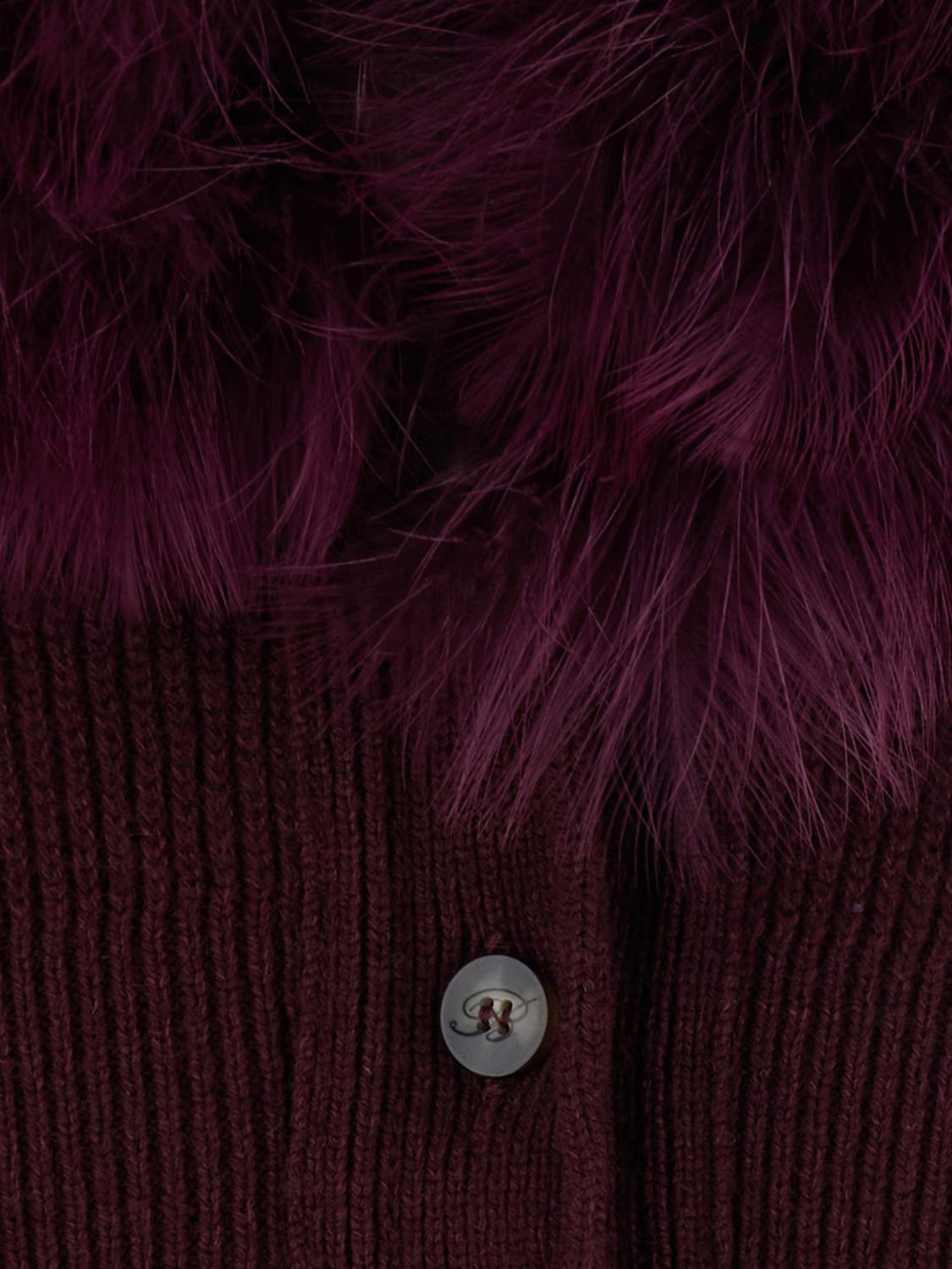 BLUMARINE PULL: Cardigan slim fit Blumarine en laine vierge avec col en fourrure contrastant, Bordeaux - Img 4