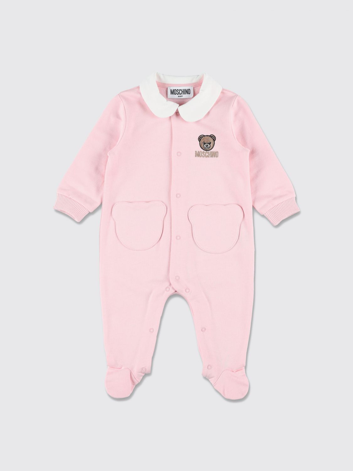MOSCHINO OVERALL: Moschino Jungen-Strampler aus Baumwolle mit Teddybär-Print und Füßen, Pink - Img 1