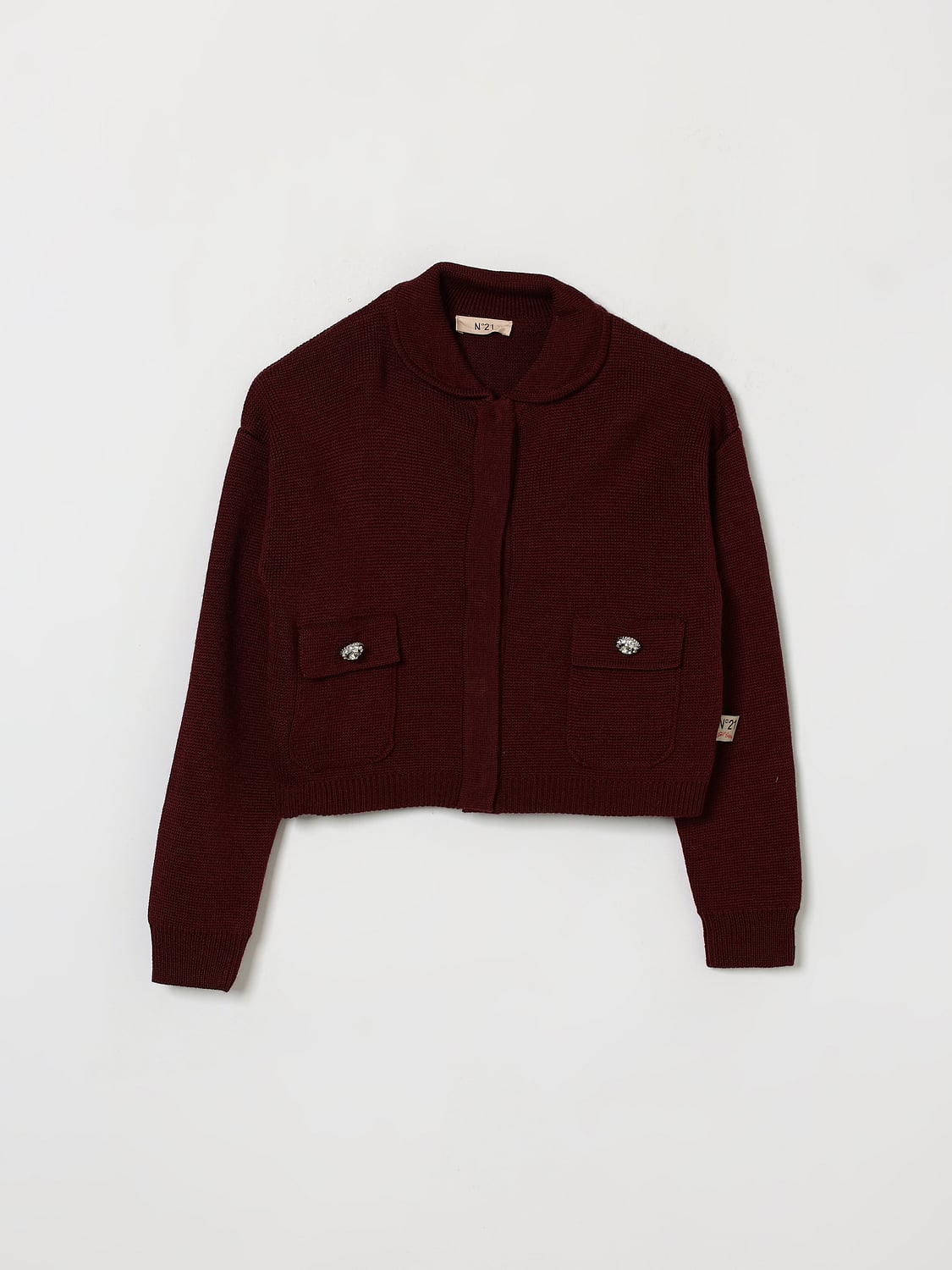 N° 21 PULLOVER: Cardigan N° 21 für Jungen aus Wollmischung mit Peter-Pan-Kragen und Schmuckknöpfen, Burgunderrot - Img 1