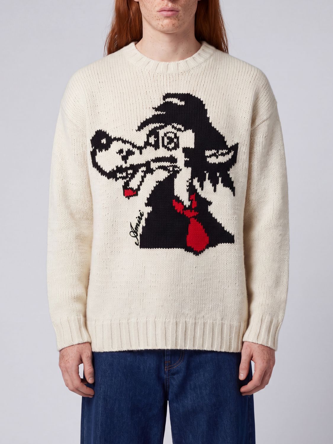 AMIRI セーター: AMIRI グラフィックプリントとクルーネック付き Wolf ウール・カシミア混紡セーター, ホワイト - Img 1