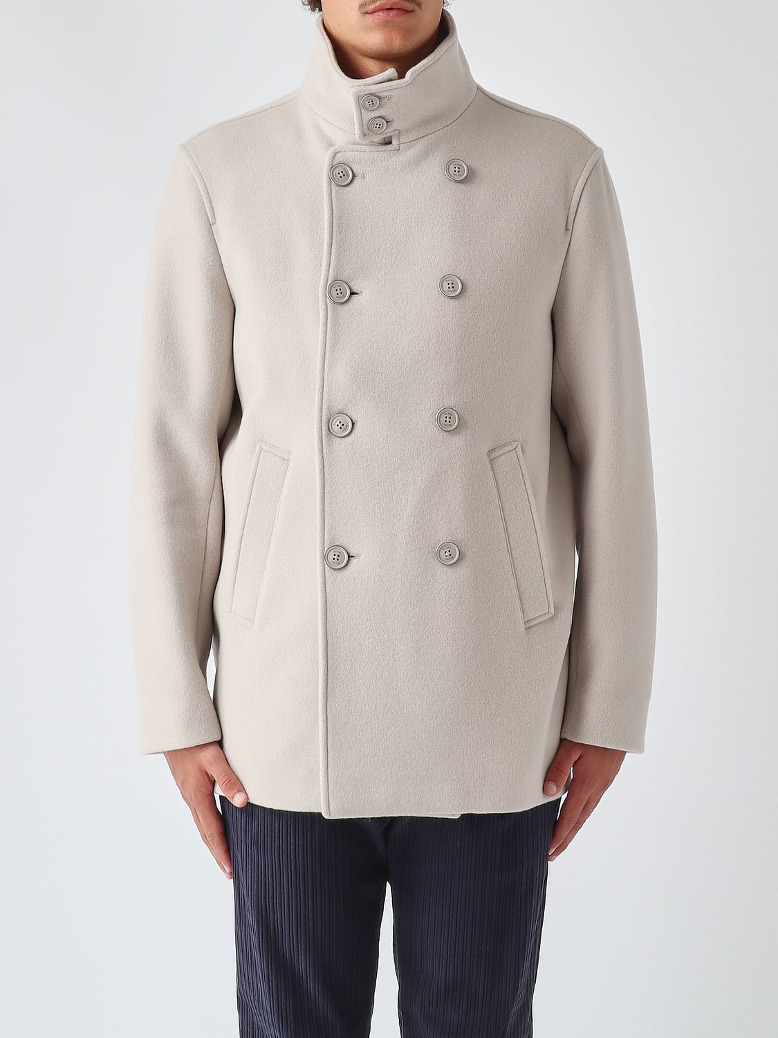 HERNO COAT: Herno Double-Breasted Wool Peacoat with High Collar, Cream - Img 1