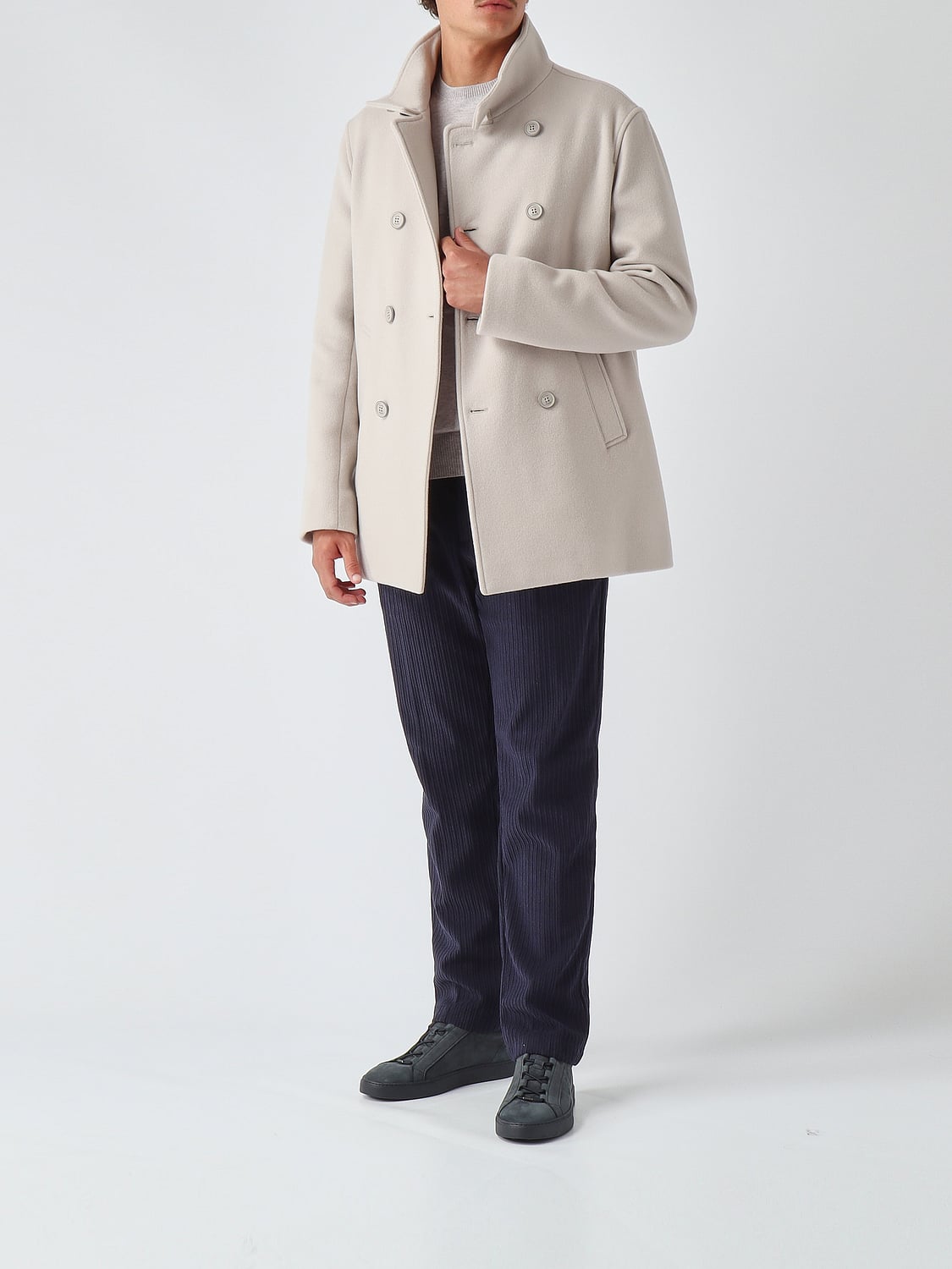 HERNO COAT: Herno Double-Breasted Wool Peacoat with High Collar, Cream - Img 2
