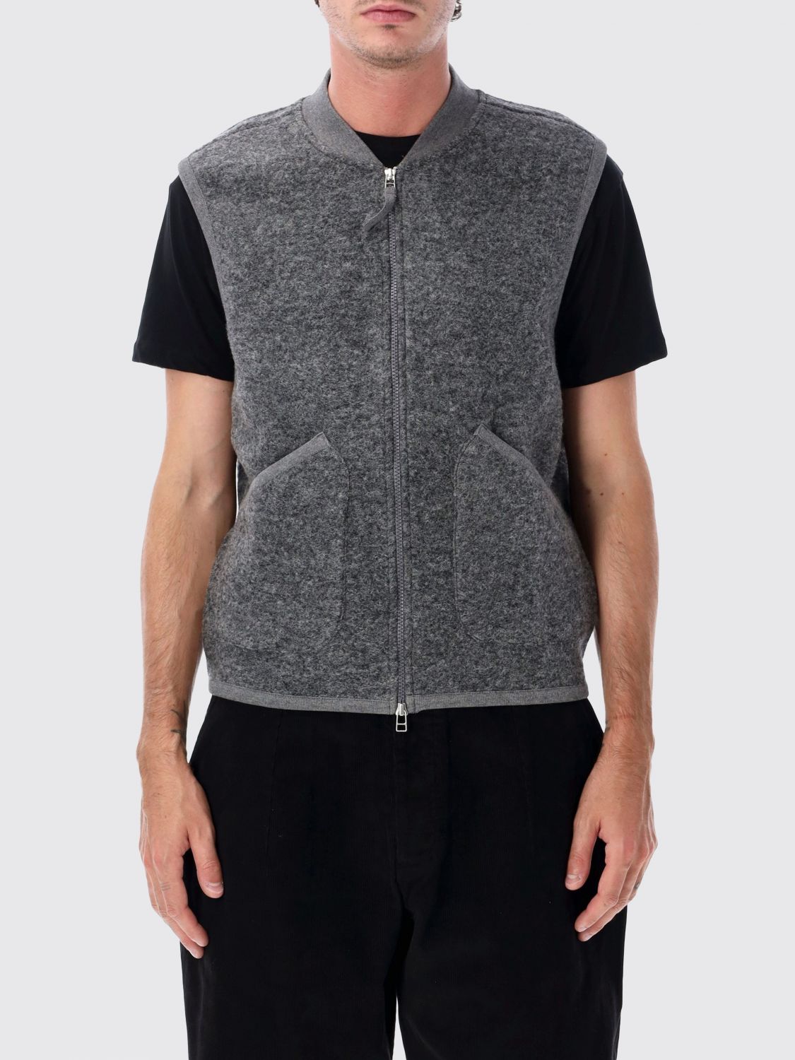 UNIVERSAL WORKS WAISTCOAT: Universal Works Wool Vest with Bomber Collar and Patch Pockets, Grey - Img 1