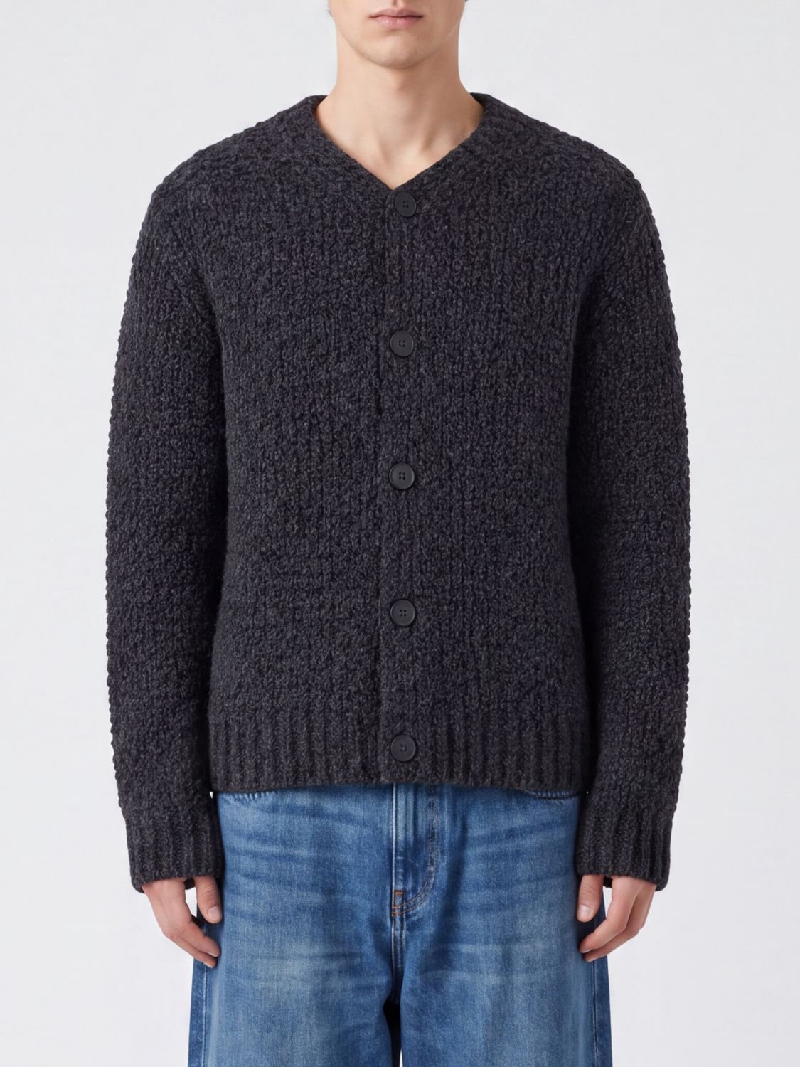 SUNFLOWER SWEATER: Sunflower V-Neck Cardigan in Wool and Alpaca Blend with Ribbed Trims, Black - Img 1