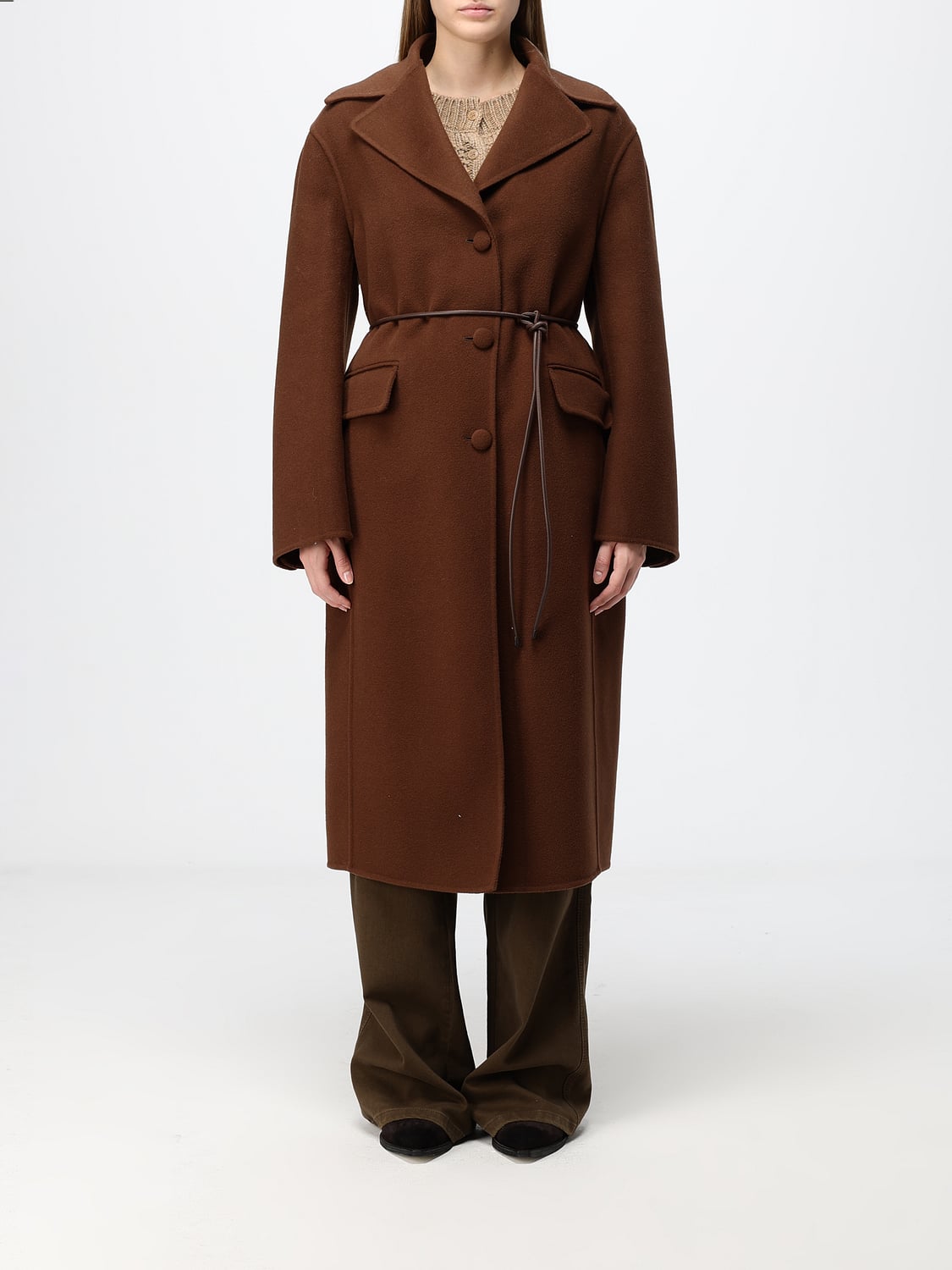 ERMANNO SCERVINO MANTEL: Ermanno Scervino Einreihiger langer Wollmantel mit Taillengürtel, Braun - Img 1