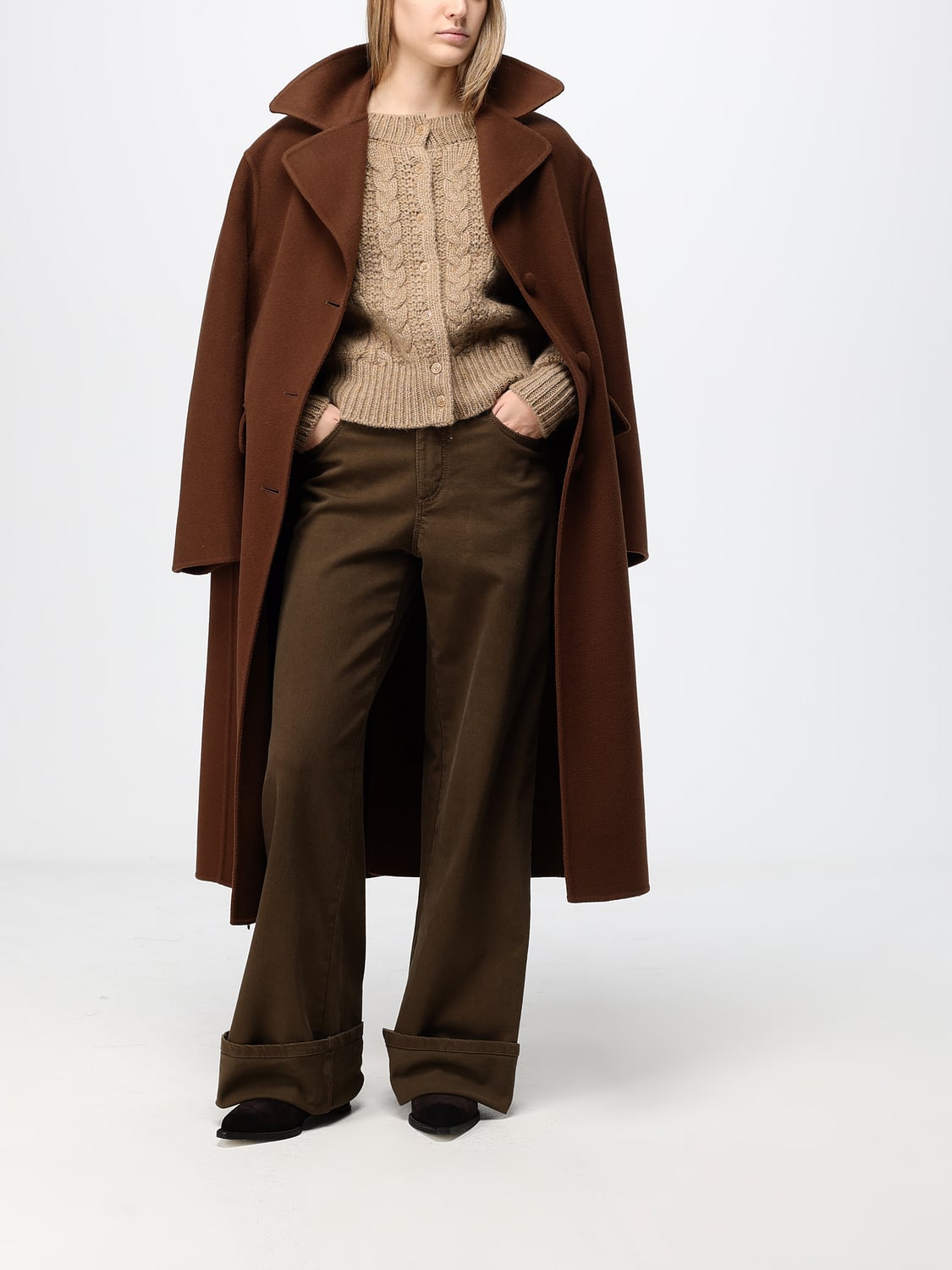 ERMANNO SCERVINO MANTEL: Ermanno Scervino Einreihiger langer Wollmantel mit Taillengürtel, Braun - Img 2