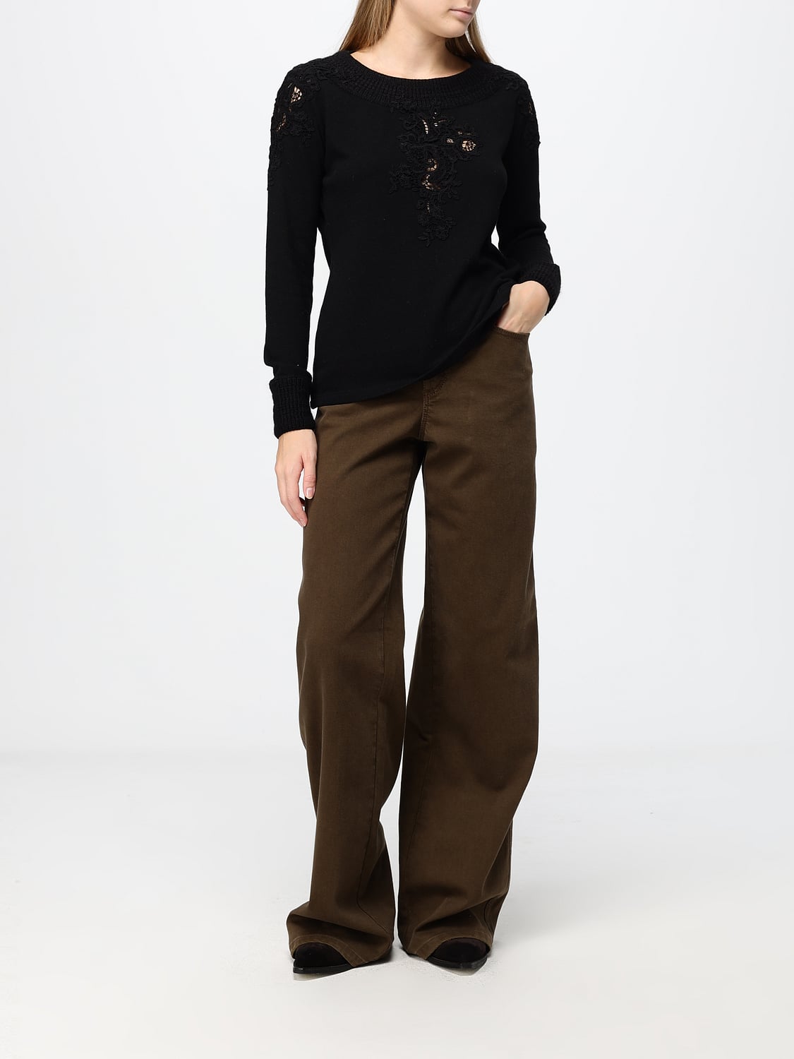 ERMANNO SCERVINO PULL: Pull ras du cou Ermanno Scervino en mélange de laine avec broderies florales, Noir - Img 2