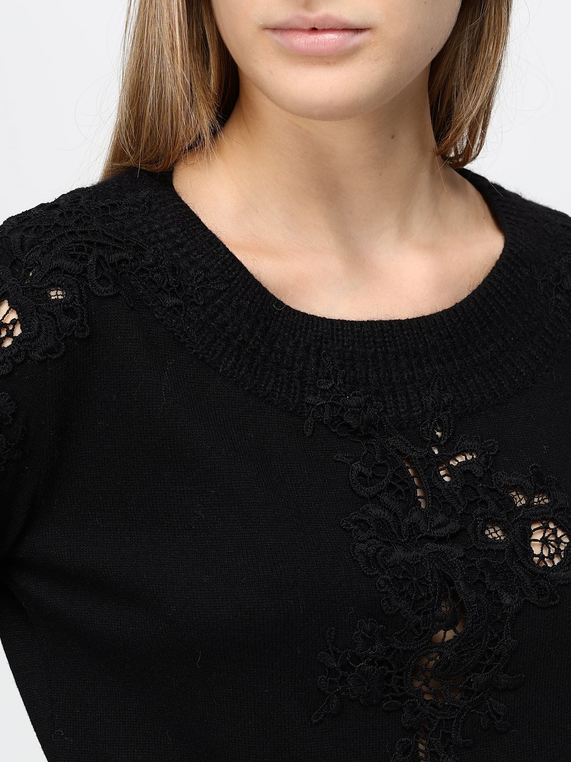 ERMANNO SCERVINO PULL: Pull ras du cou Ermanno Scervino en mélange de laine avec broderies florales, Noir - Img 4