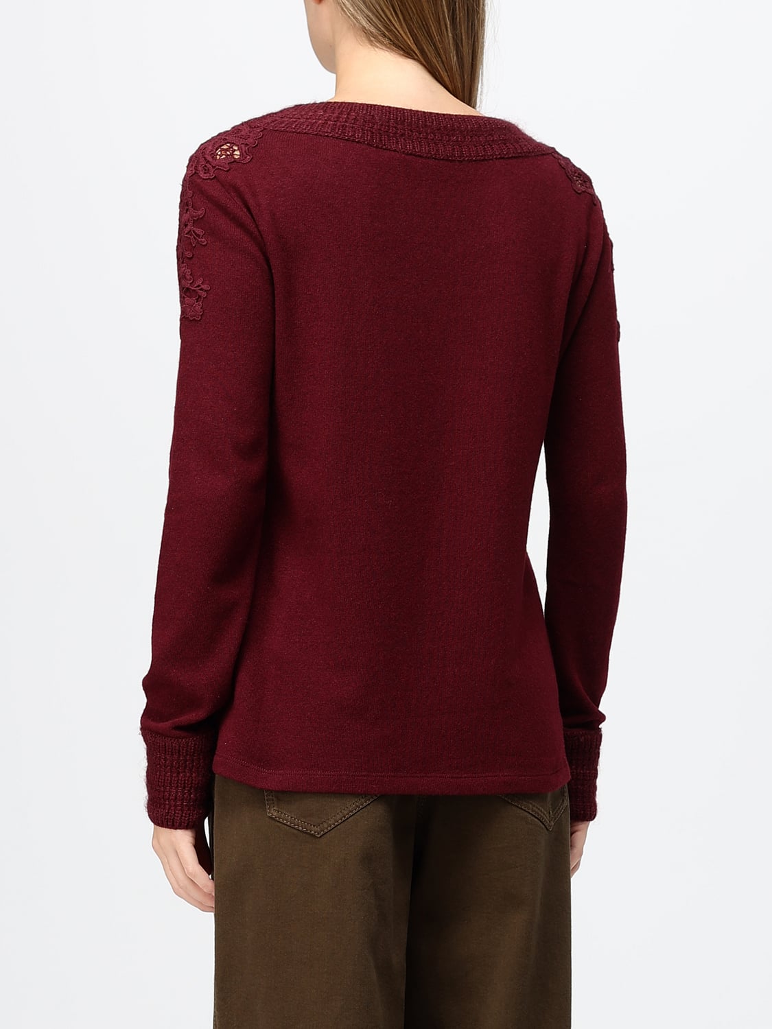 ERMANNO SCERVINO PULL: Pull ras du cou Ermanno Scervino en mélange de laine avec broderies florales, Bordeaux - Img 3
