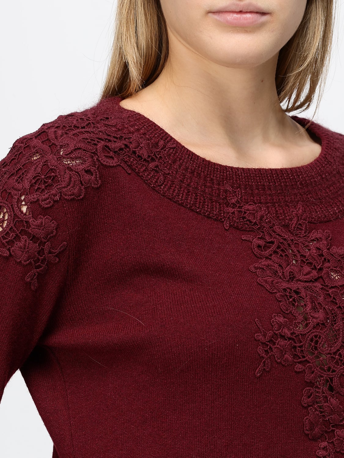 ERMANNO SCERVINO PULL: Pull ras du cou Ermanno Scervino en mélange de laine avec broderies florales, Bordeaux - Img 4