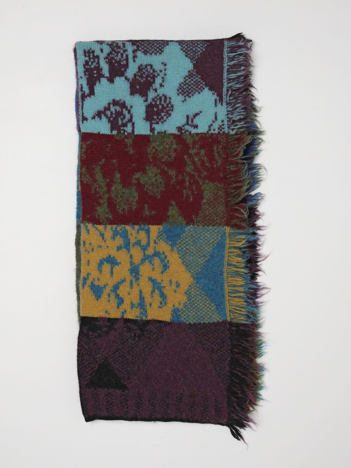 DRIES VAN NOTEN BUFANDA: Bufanda Dries Van Noten de mezcla de lana y alpaca con diseño patchwork y bajo con flecos, Rosa - Img 1
