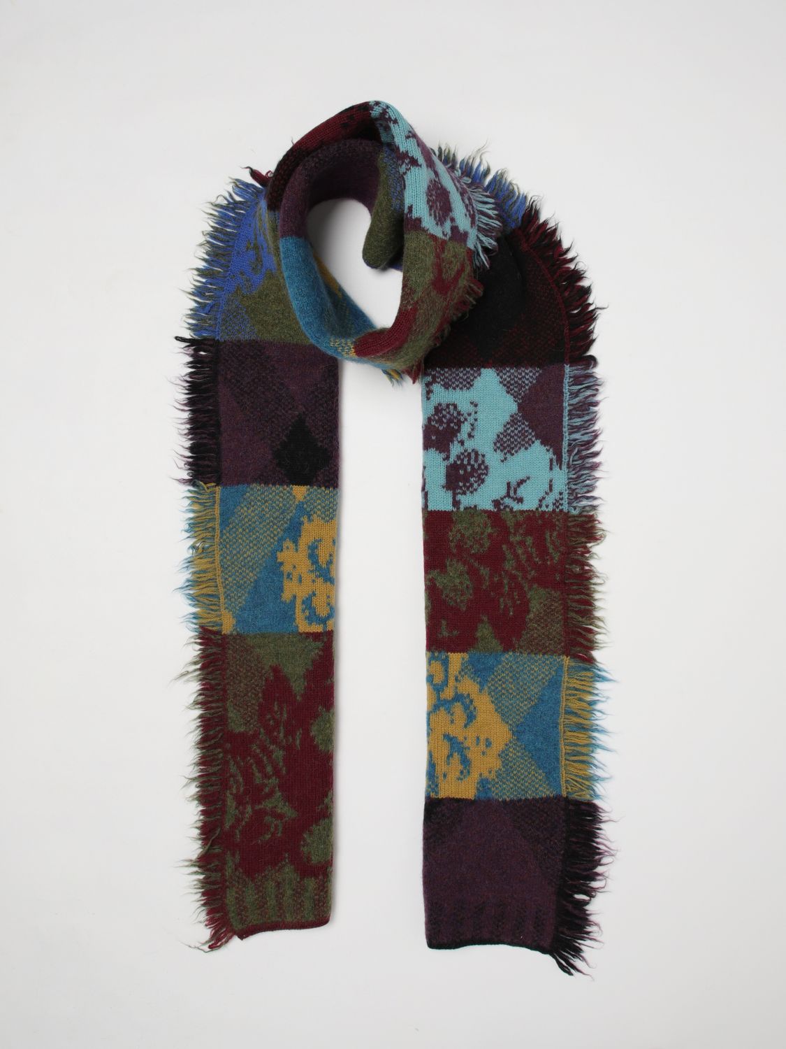 DRIES VAN NOTEN BUFANDA: Bufanda Dries Van Noten de mezcla de lana y alpaca con diseño patchwork y bajo con flecos, Rosa - Img 2