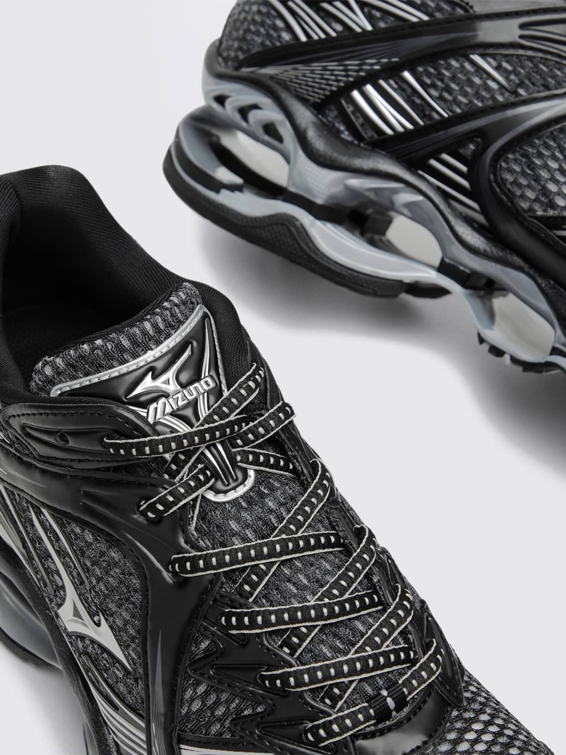 MIZUNO SNEAKERS: Mizuno Wave Prophecy 1 Technical Fabric and Mesh Trainers with Logo and Cushioned Sole, Silver - Img 3