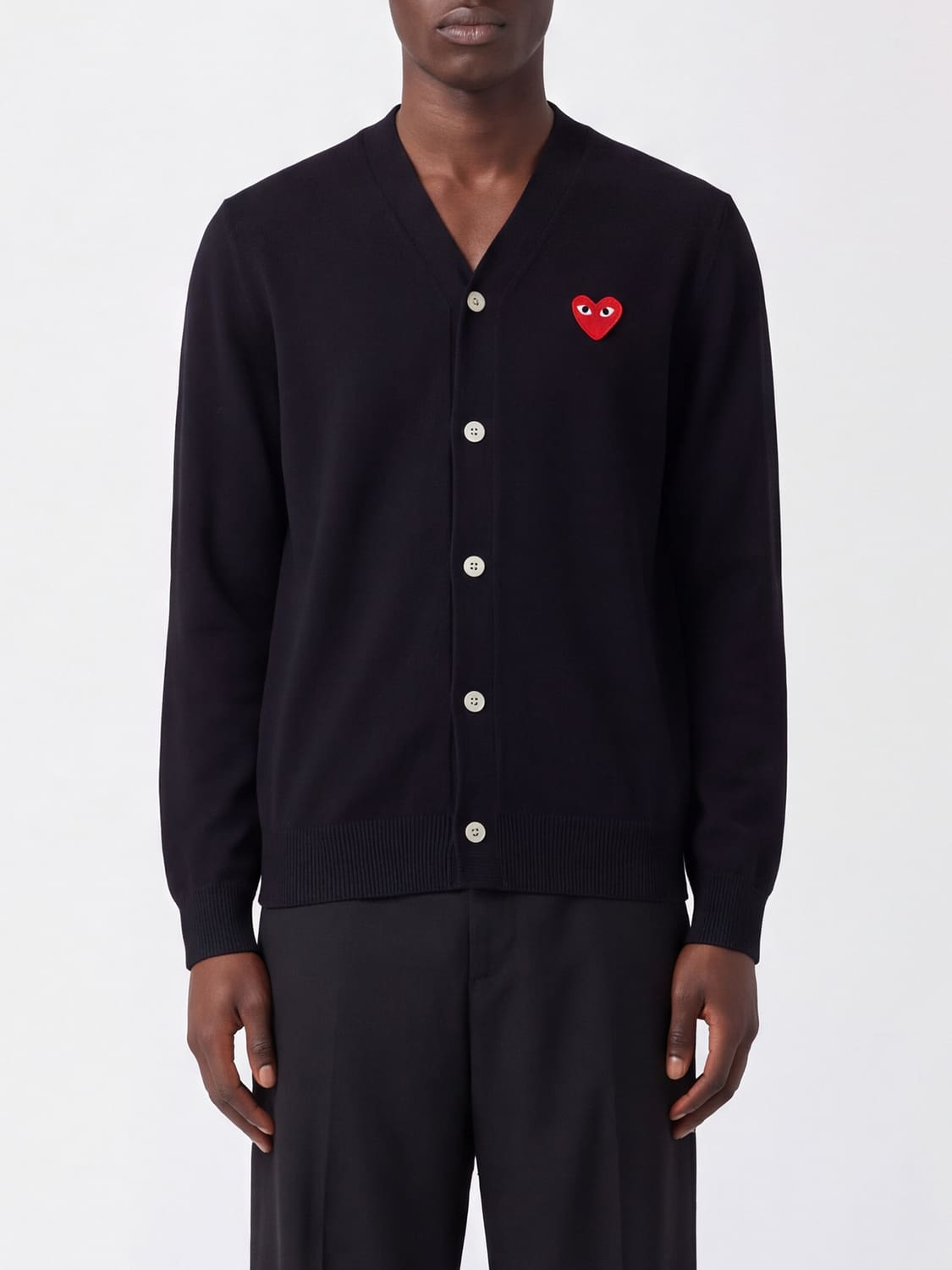 COMME DES GARÇONS PLAY SWEATER: V-Neck Wool Cardigan Comme des Garçons Play with an Embroidered Logo, Black - Img 1