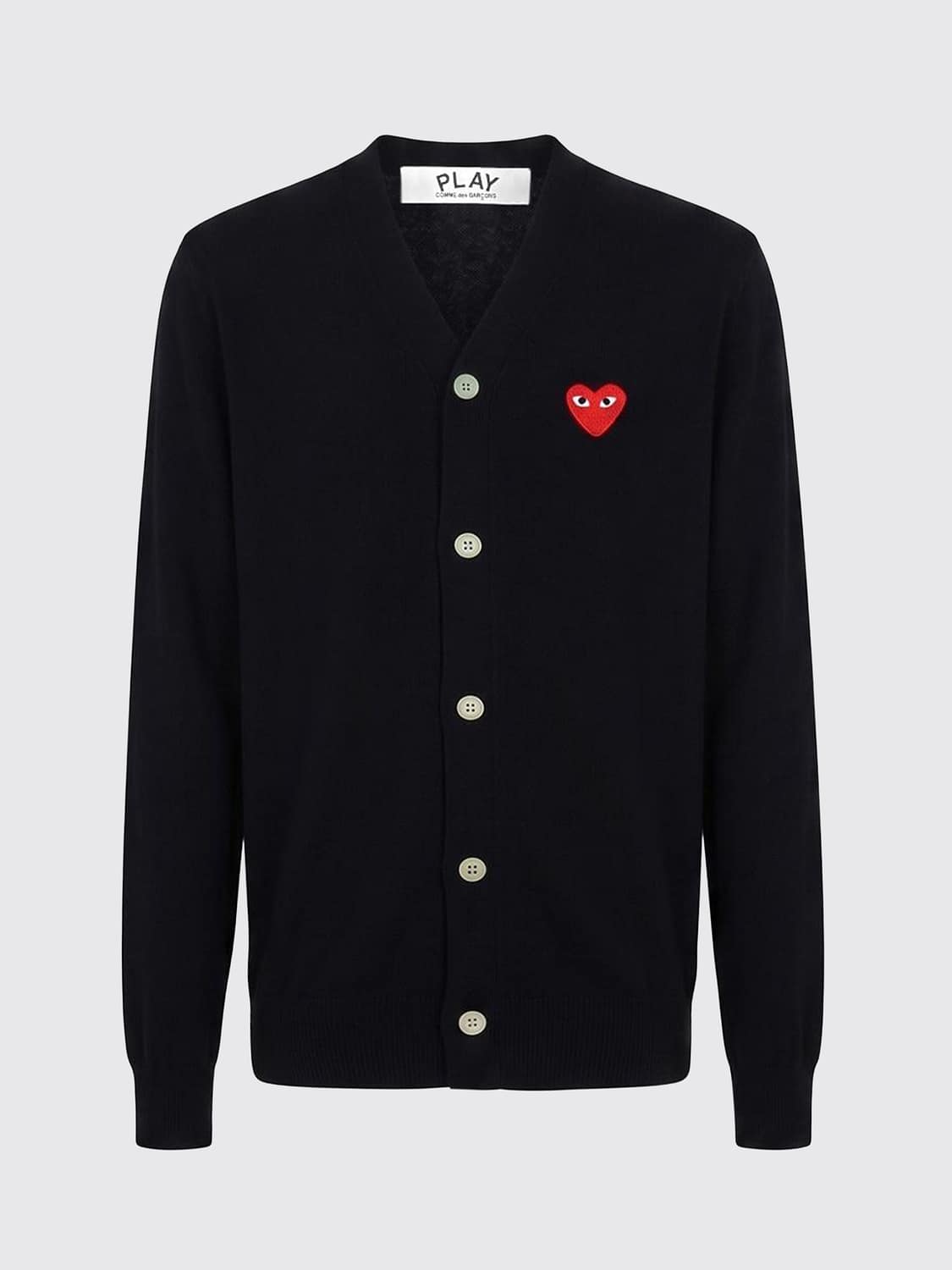 COMME DES GARÇONS PLAY SWEATER: V-Neck Wool Cardigan Comme des Garçons Play with an Embroidered Logo, Black - Img 2