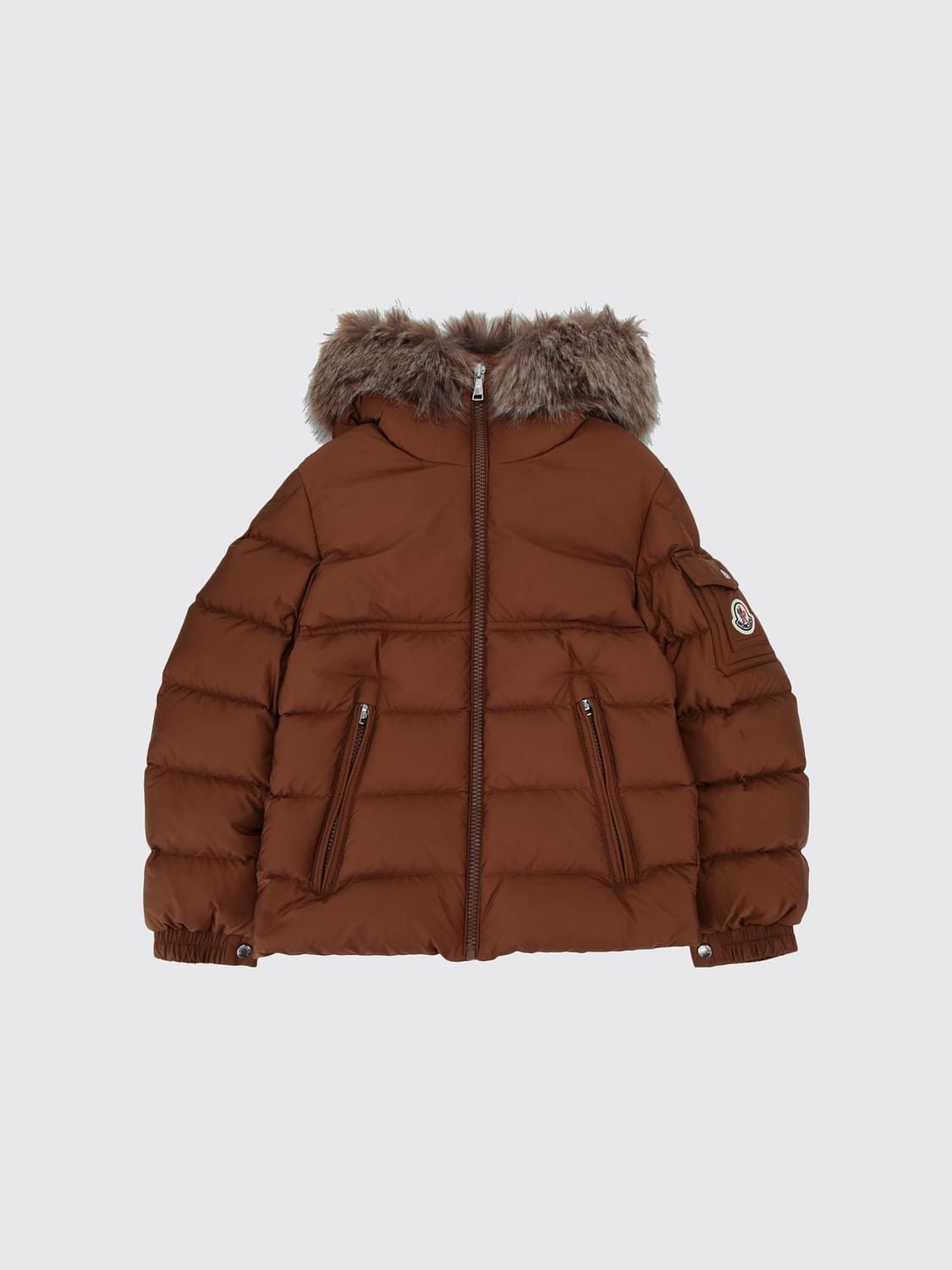MONCLER JACKET: Boy's Short Quilted Down Jacket Moncler in Nylon with Shearling Hood, Brown - Img 1