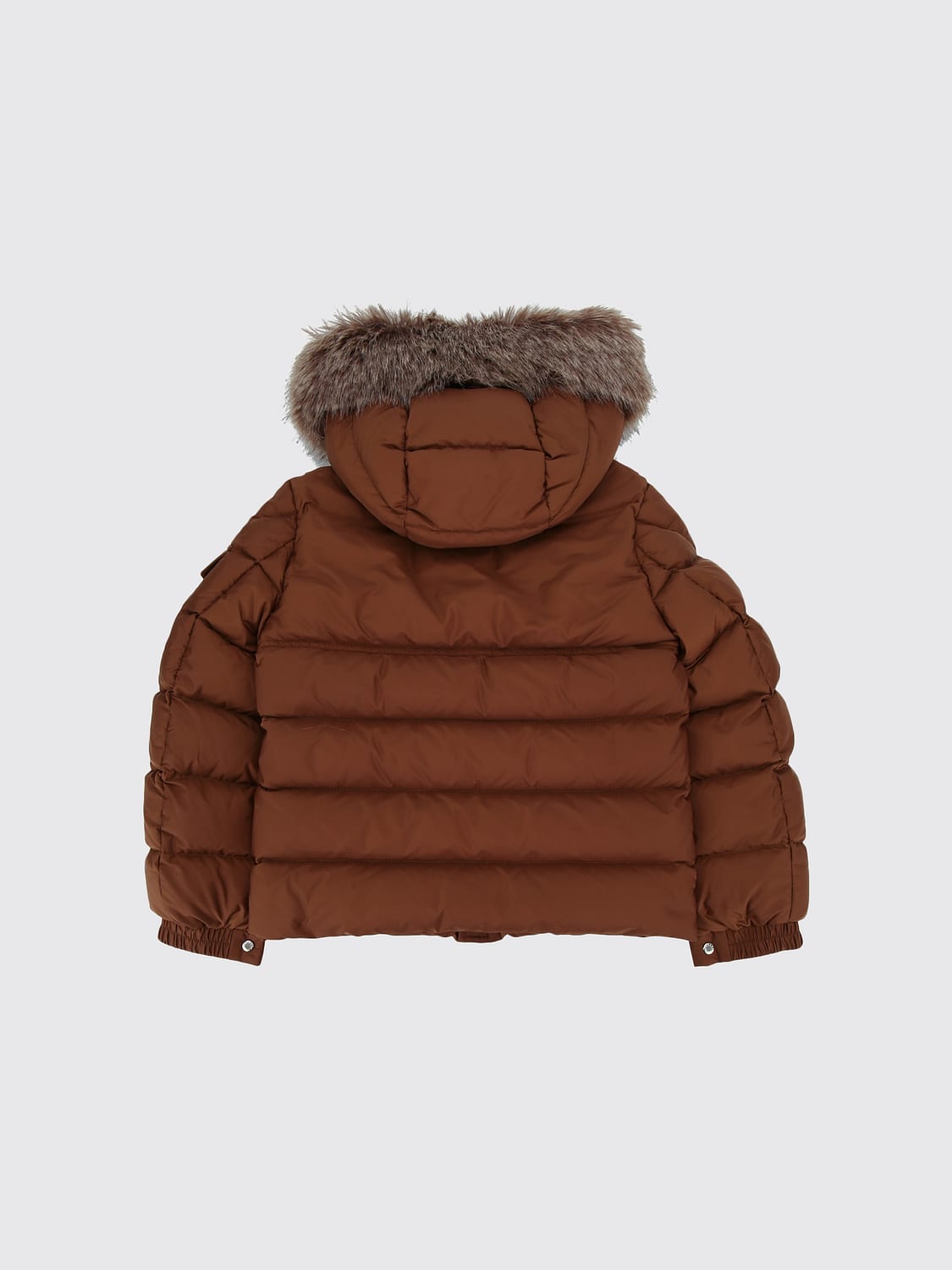 MONCLER JACKET: Boy's Short Quilted Down Jacket Moncler in Nylon with Shearling Hood, Brown - Img 2