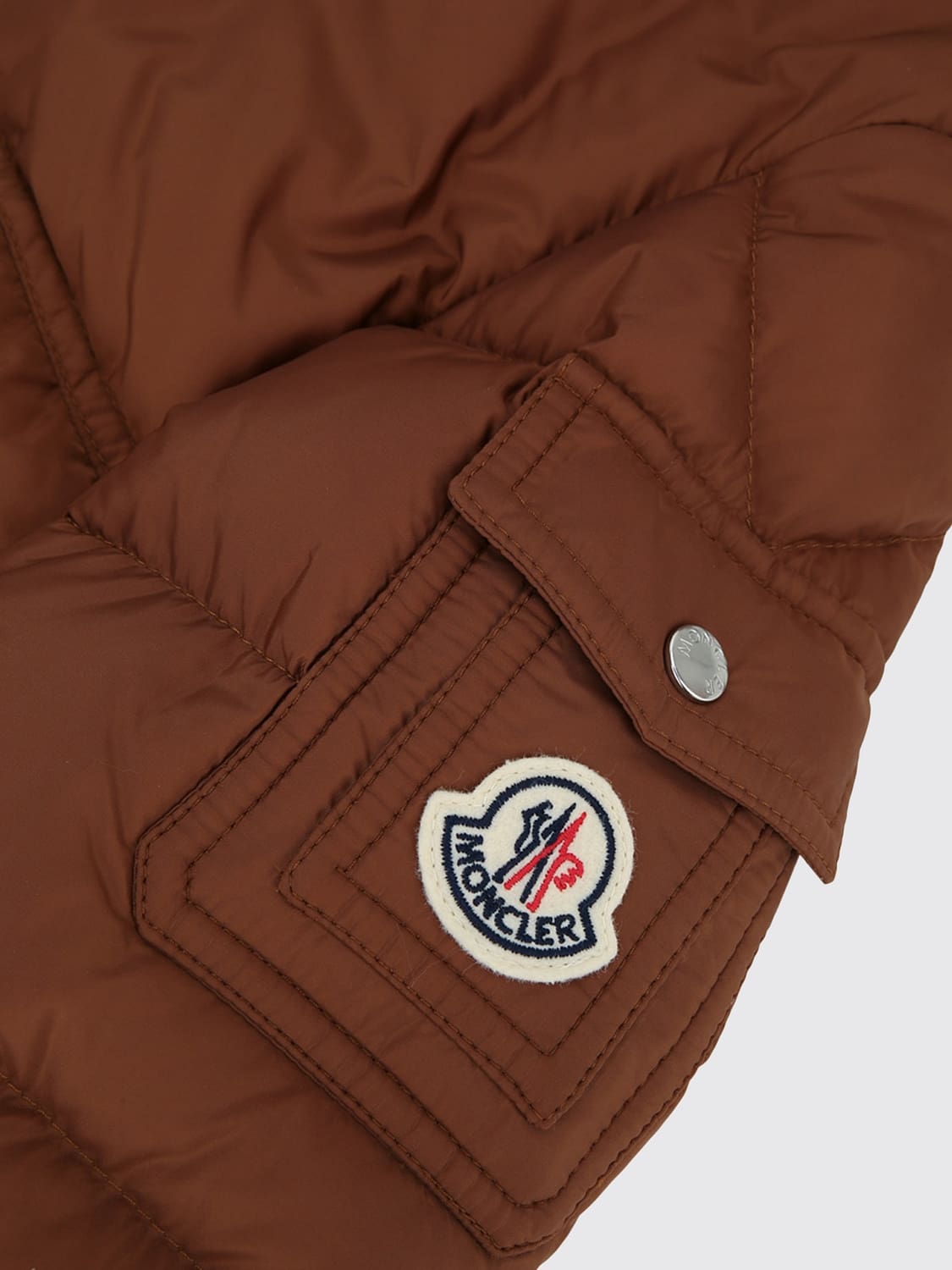 MONCLER JACKET: Boy's Short Quilted Down Jacket Moncler in Nylon with Shearling Hood, Brown - Img 3