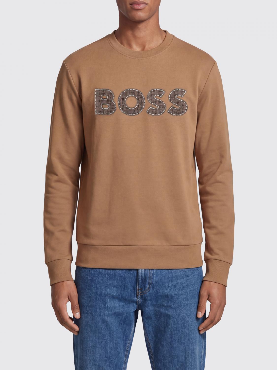 BOSS SWEATSHIRT: Printed Logo Cotton Crewneck Sweatshirt BOSS with Ribbed Trims, Brown - Img 1