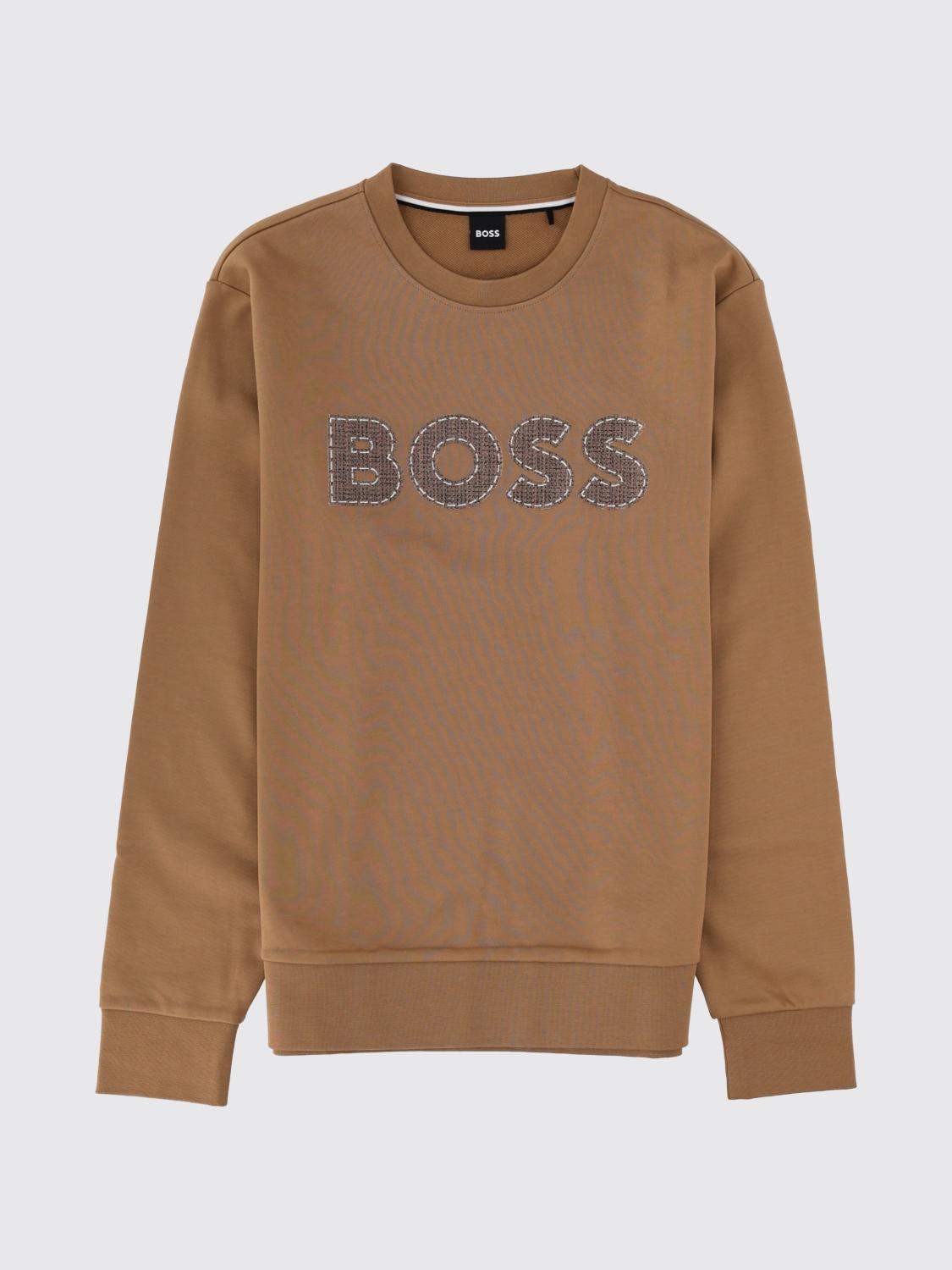 BOSS SWEATSHIRT: Printed Logo Cotton Crewneck Sweatshirt BOSS with Ribbed Trims, Brown - Img 2