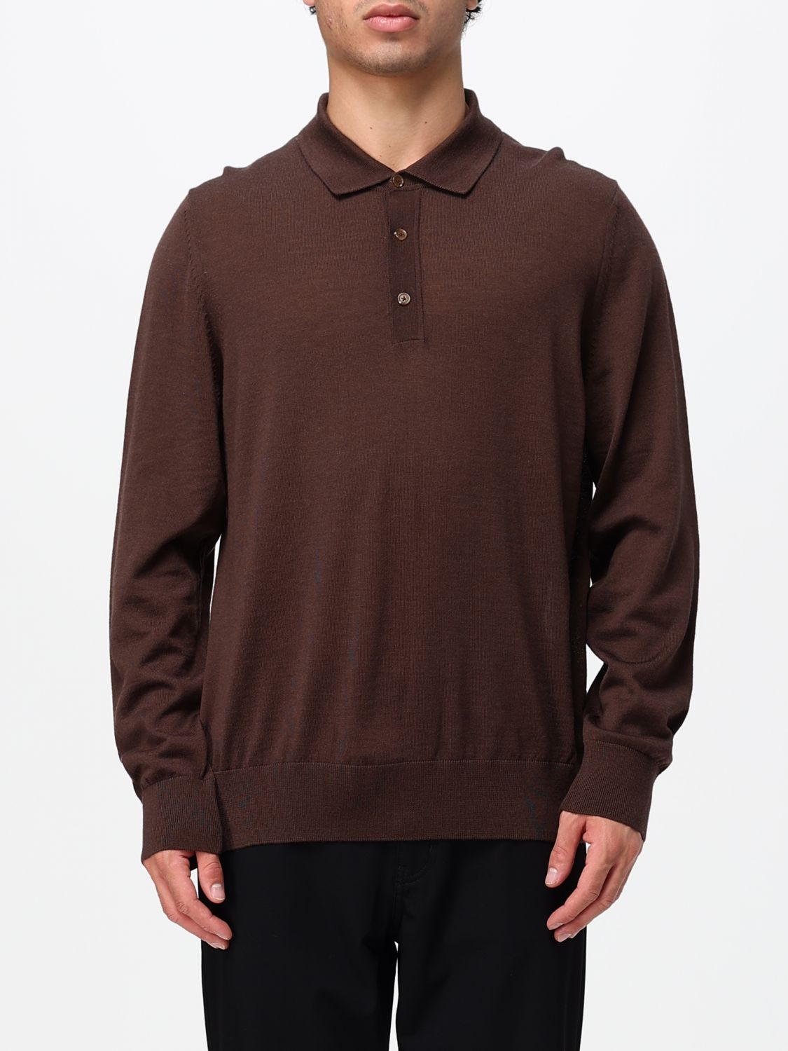 BOSS POLO SHIRT: Long-Sleeved Knit Polo Shirt BOSS in Pure Virgin Wool, Brown - Img 1