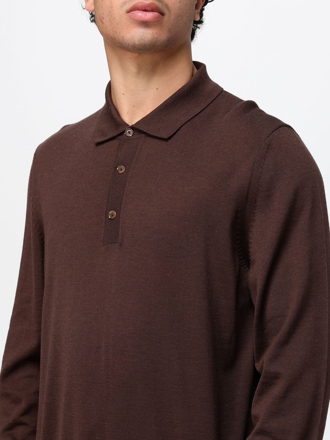 BOSS POLO SHIRT: Long-Sleeved Knit Polo Shirt BOSS in Pure Virgin Wool, Brown - Img 3