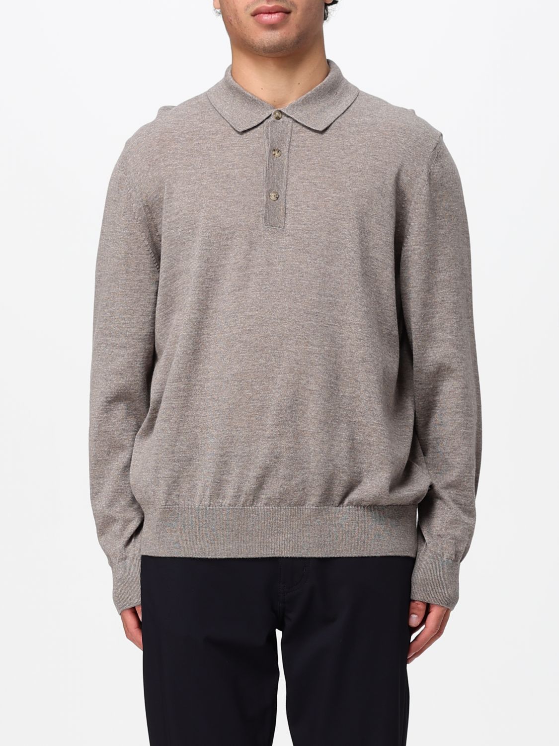 BOSS POLO SHIRT: Long-Sleeved Knit Polo Shirt BOSS in Pure Virgin Wool, Dove Grey - Img 1