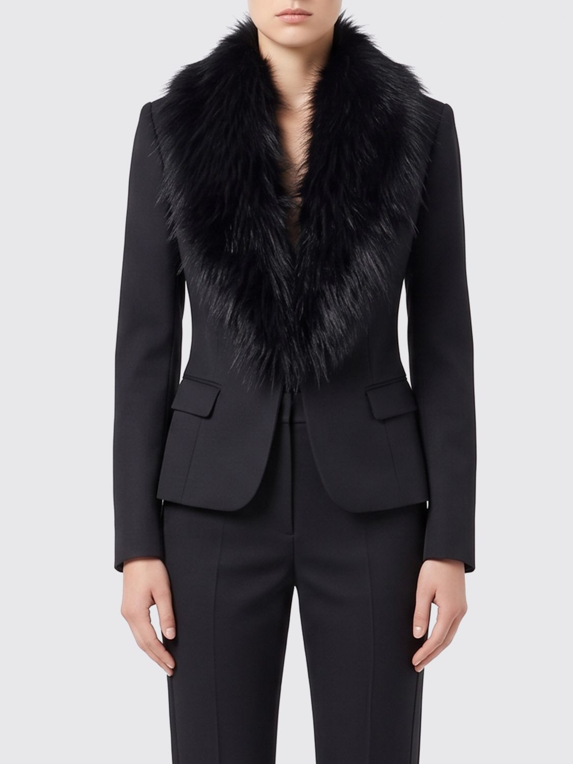 ELISABETTA FRANCHI CHAQUETA: Blazer slim fit Elisabetta Franchi de lana virgen con cuello de pelo, Negro - Img 1