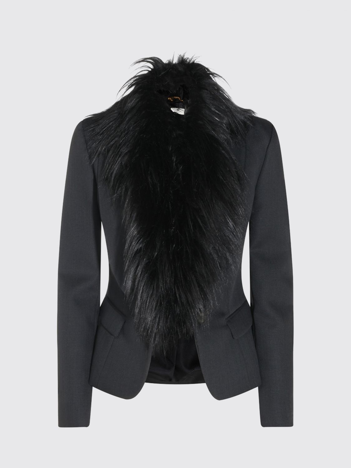 ELISABETTA FRANCHI CHAQUETA: Blazer slim fit Elisabetta Franchi de lana virgen con cuello de pelo, Negro - Img 2