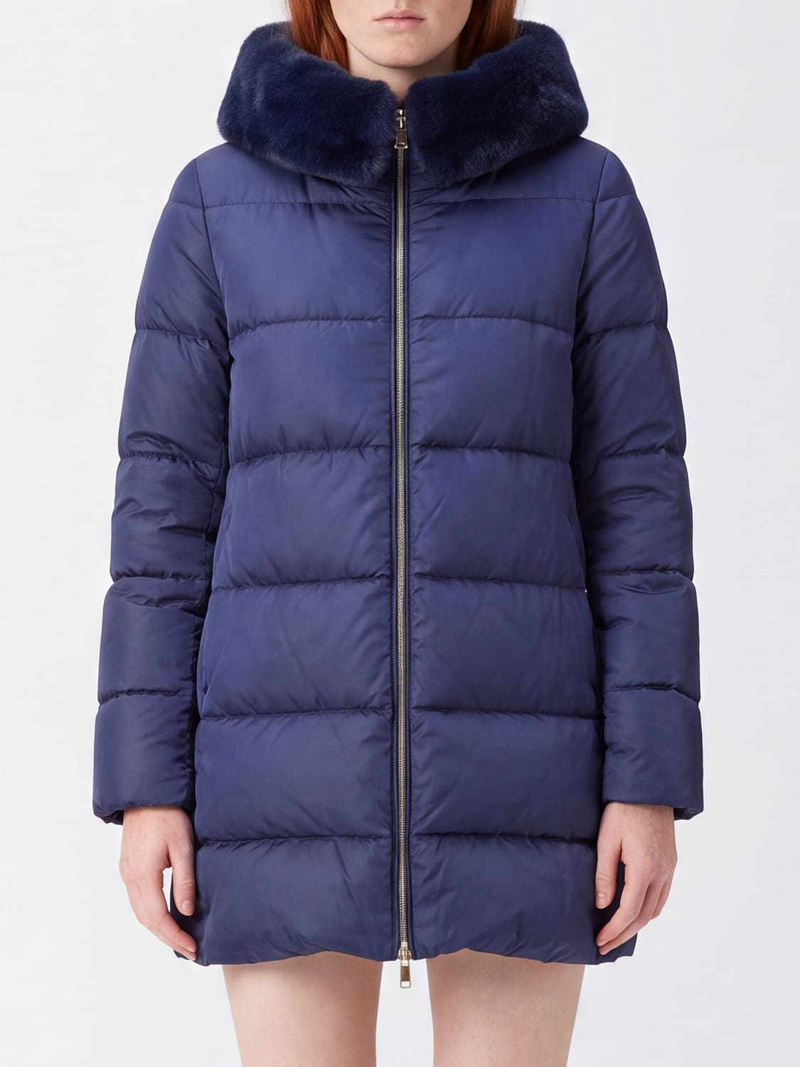 HERNO JACKET: Herno Knee-Length Water-Repellent Technical Satin Puffer Coat with Shearling Hood, Blue - Img 1