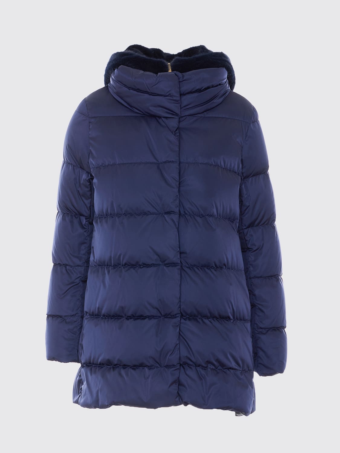 HERNO JACKET: Herno Knee-Length Water-Repellent Technical Satin Puffer Coat with Shearling Hood, Blue - Img 2