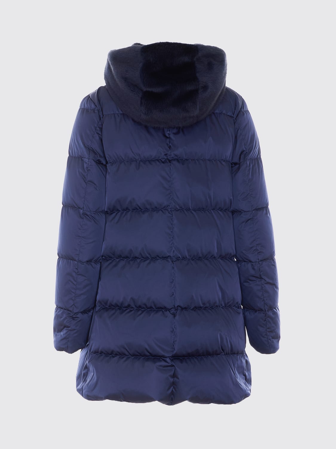HERNO JACKET: Herno Knee-Length Water-Repellent Technical Satin Puffer Coat with Shearling Hood, Blue - Img 3