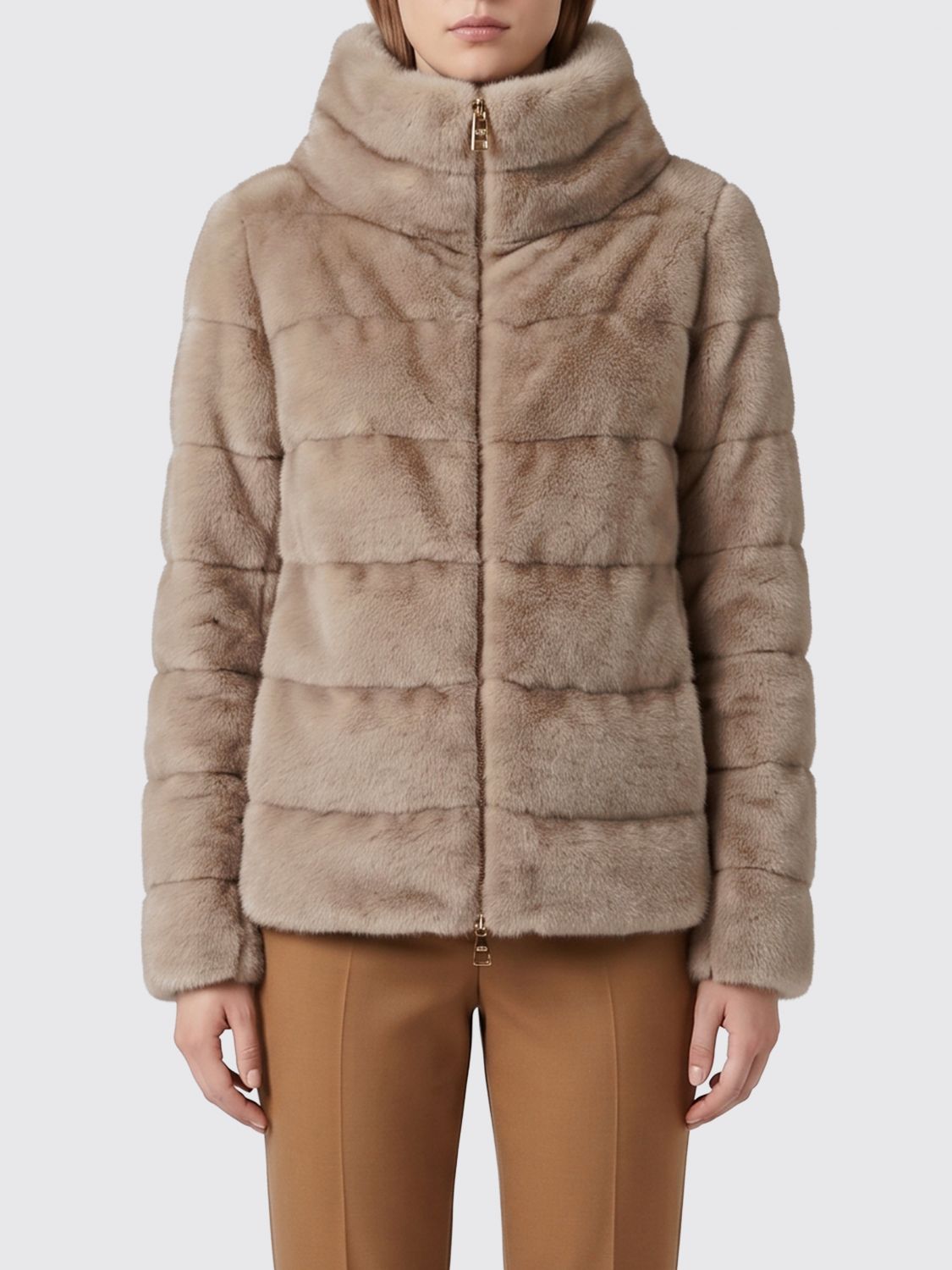 HERNO PELZMANTEL: Kurze Webpelzjacke Herno mit Stehkragen und Reißverschluss, Braun - Img 1
