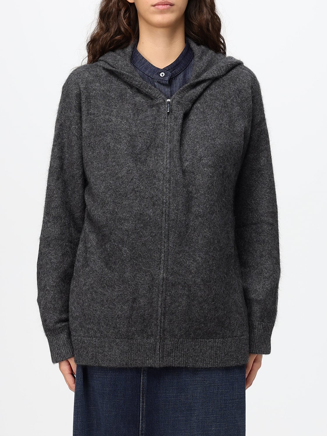'S MAX MARA SWEATSHIRT: Strick-Kapuzenjacke 'S Max Mara aus Yak mit überschnittenen Schultern, Grau - Img 1