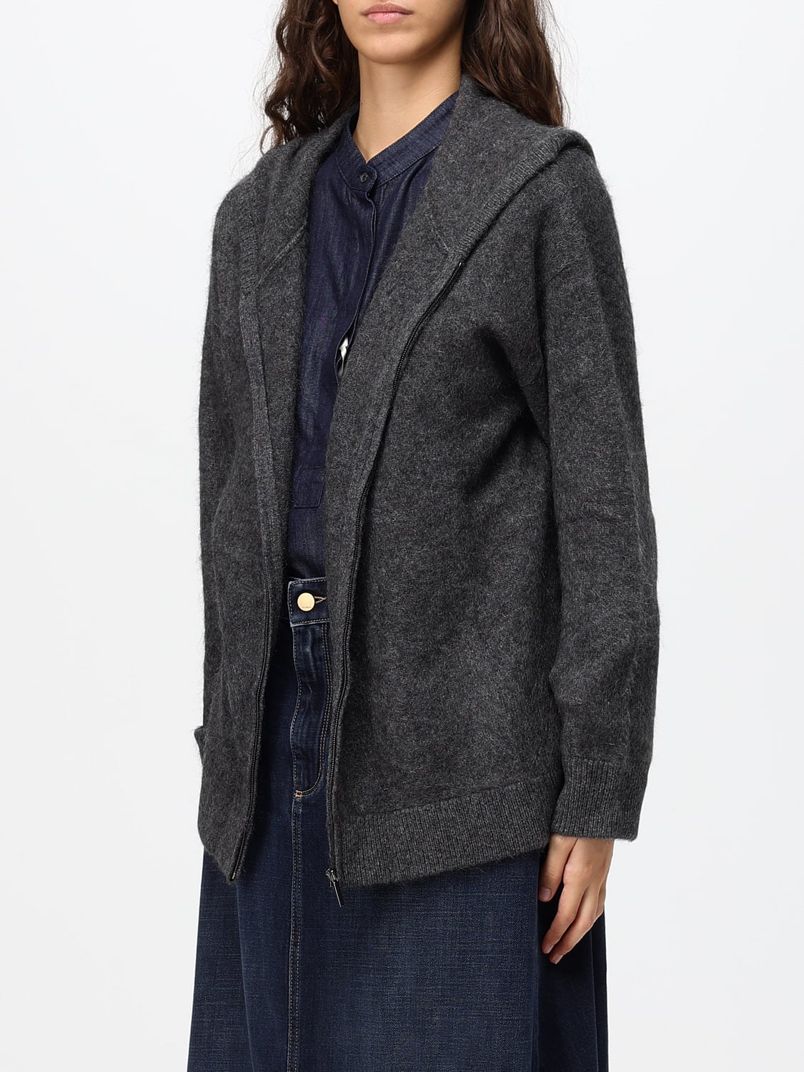 'S MAX MARA SWEATSHIRT: Strick-Kapuzenjacke 'S Max Mara aus Yak mit überschnittenen Schultern, Grau - Img 3