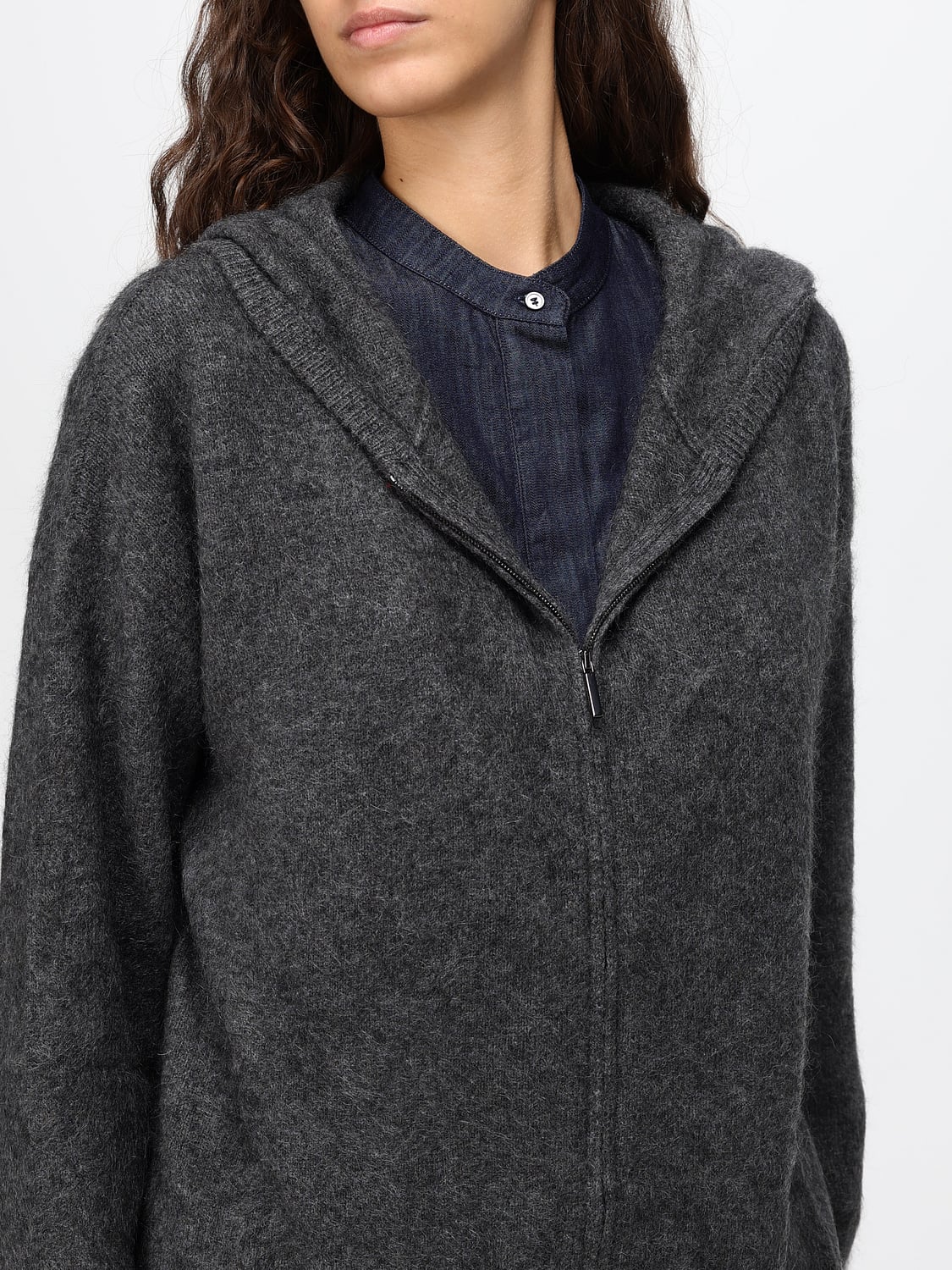 'S MAX MARA SWEATSHIRT: Strick-Kapuzenjacke 'S Max Mara aus Yak mit überschnittenen Schultern, Grau - Img 4