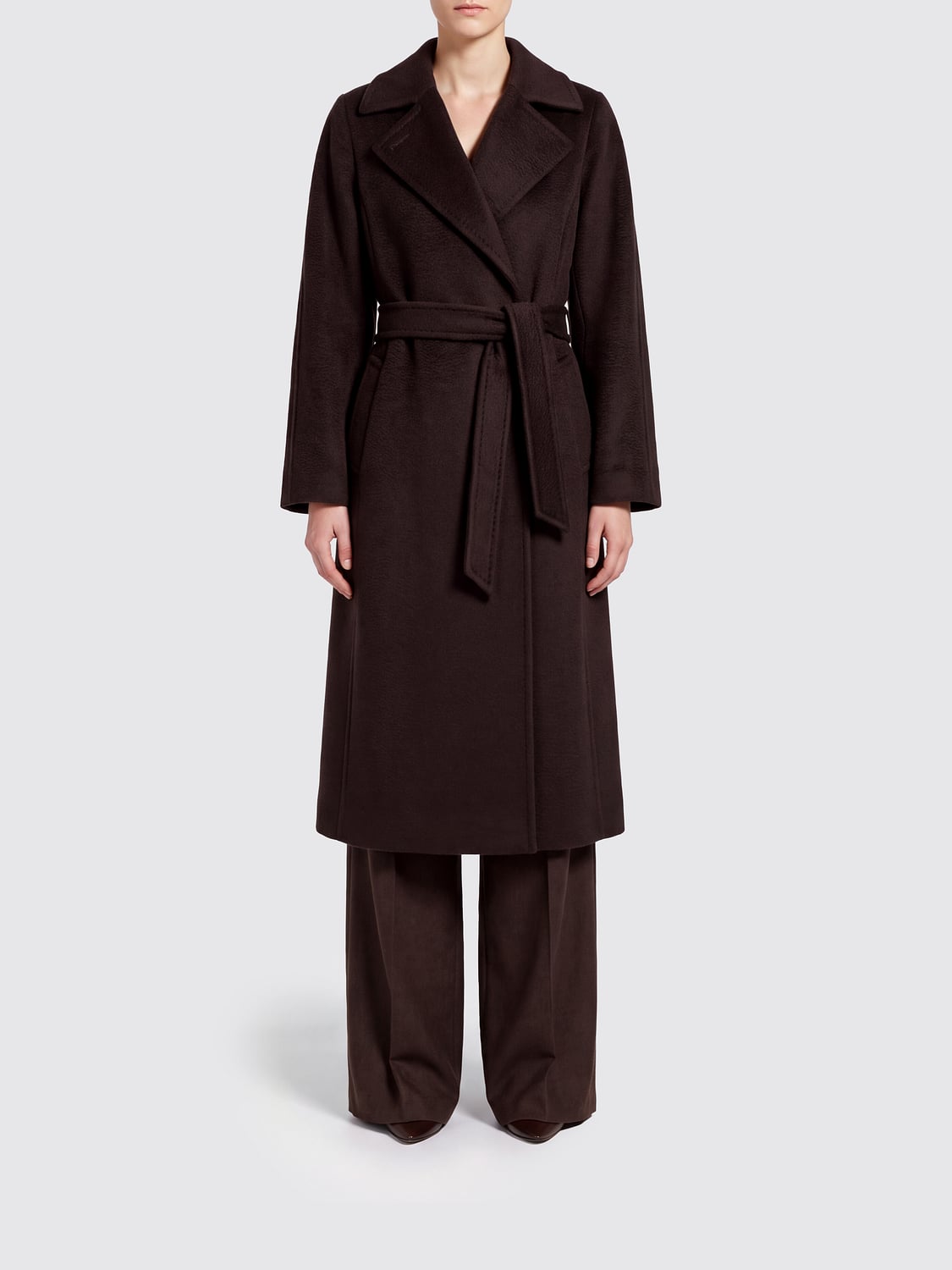 MAX MARA ABRIGO: Abrigo batín Max Mara de lana con cinturón hasta la rodilla, Marrón - Img 1