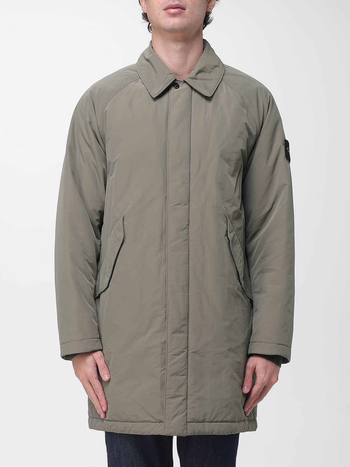 STONE ISLAND JACKET: Single-Breasted Knee-Length Trench Coat Stone Island in Nylon with Logo Patch, Green - Img 1