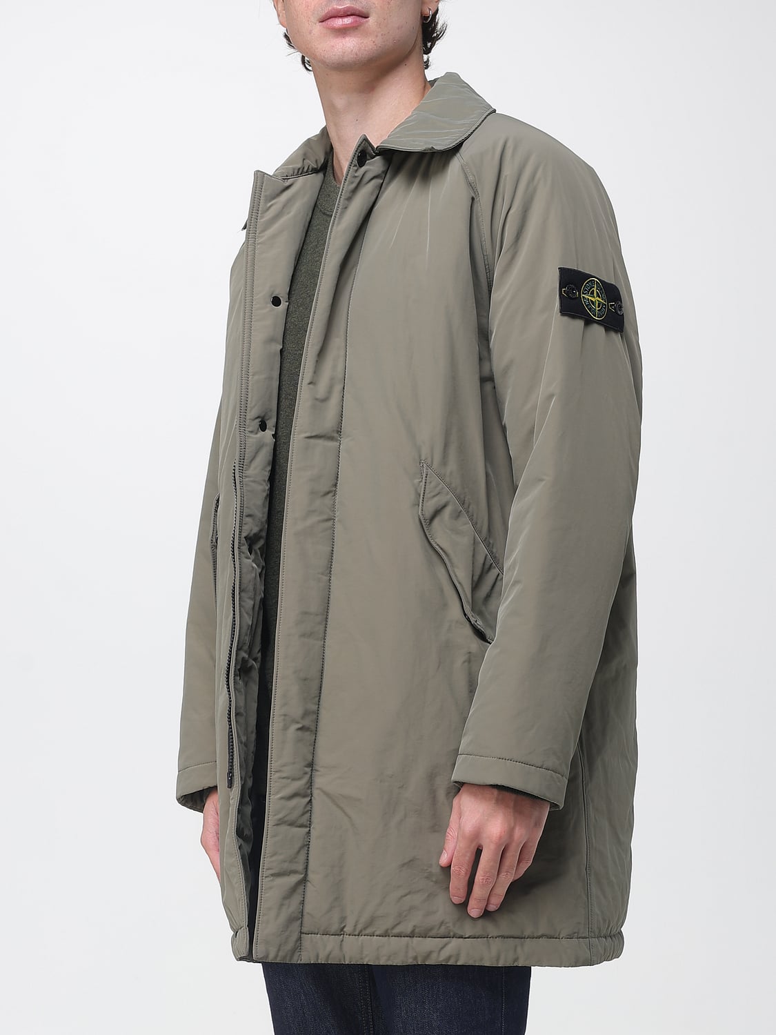 STONE ISLAND JACKET: Single-Breasted Knee-Length Trench Coat Stone Island in Nylon with Logo Patch, Green - Img 3
