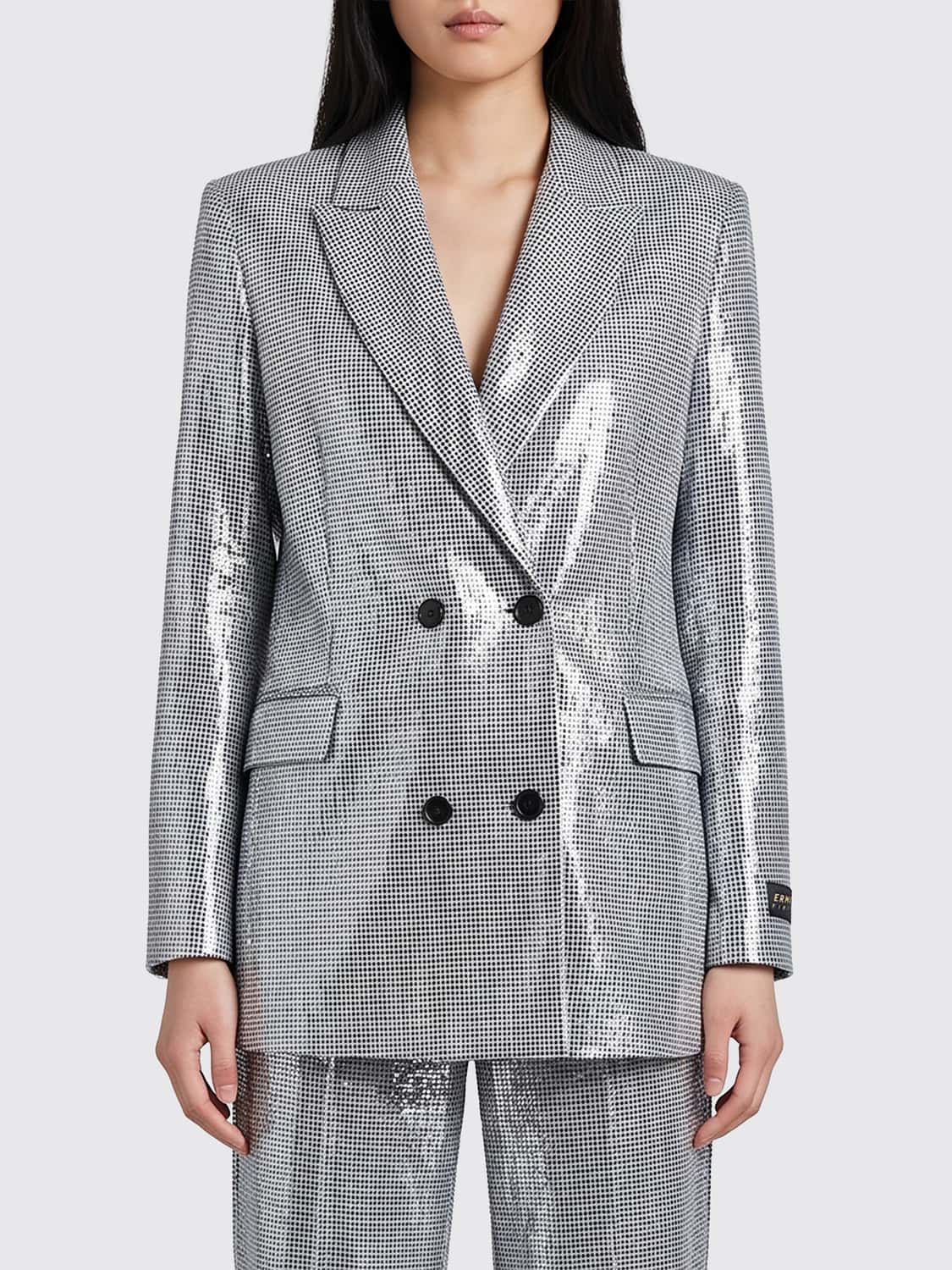 ERMANNO FIRENZE JACKE: Zweireihiger Hahnentritt-Bouclé-Blazer Ermanno Firenze mit Pailletten, Silber - Img 1