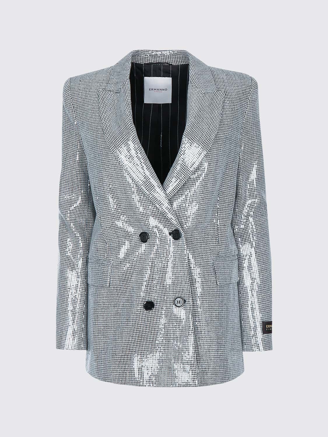 ERMANNO FIRENZE JACKE: Zweireihiger Hahnentritt-Bouclé-Blazer Ermanno Firenze mit Pailletten, Silber - Img 2