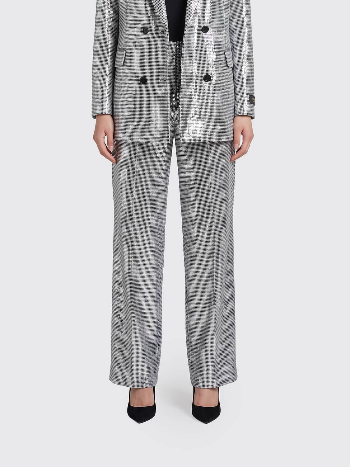 ERMANNO FIRENZE PANTALONES: Pantalones rectos Ermanno Firenze de tejido metalizado y talle medio, Plata - Img 1
