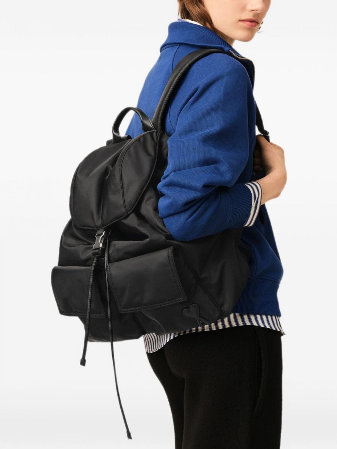 AMI PARIS BACKPACK: Ami Paris Marcel Polyamide Backpack with Flap Closure and Padded Shoulder Straps, Black - Img 2